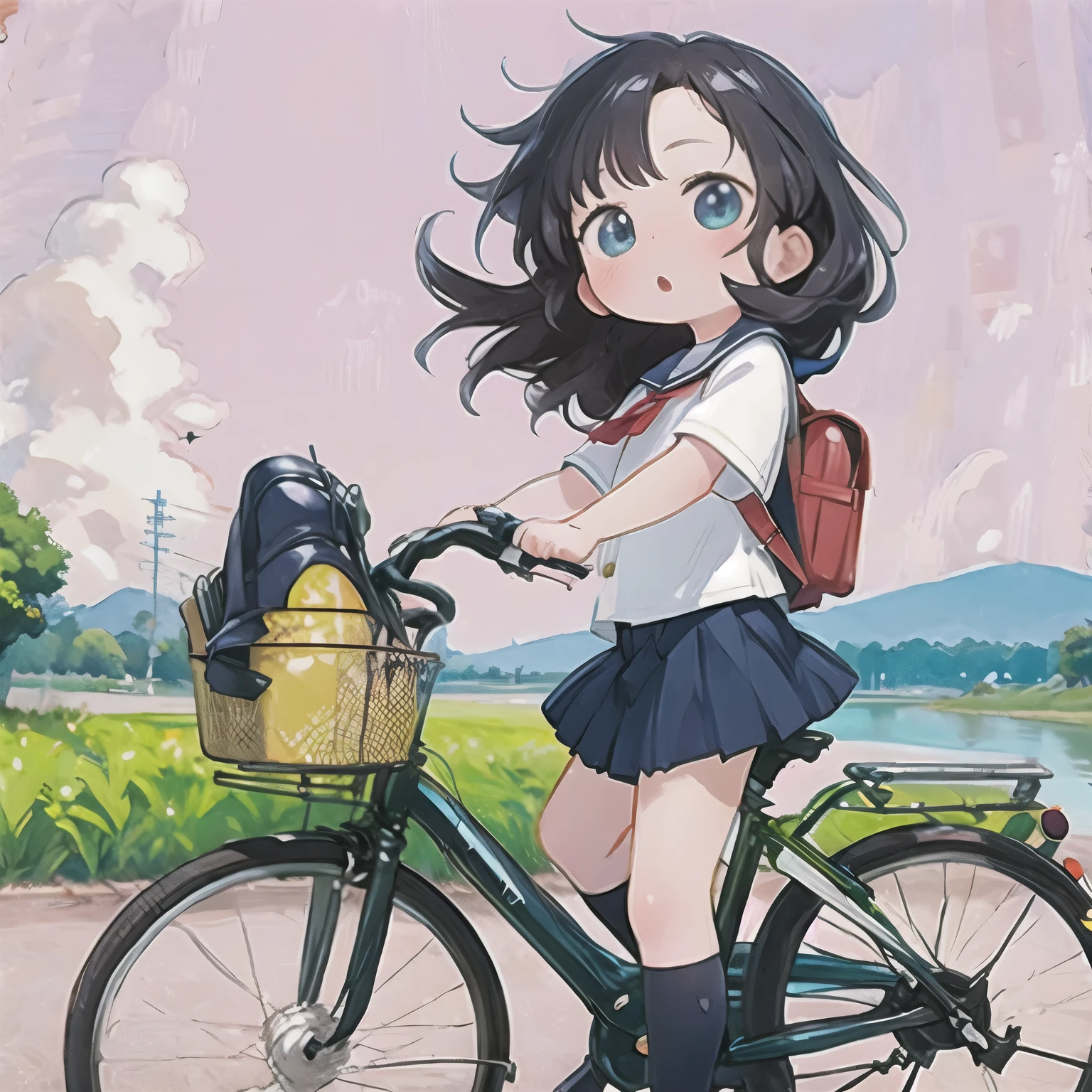 (masterpiece, Ultra-high resolution，Best Quality:1.2), reality、 very short height ， By bicycle，Alone、 Female junior high school student ，Summer clothes、Fluttering skirt，positive，whirlwind，Riverside at dusk、Beautiful sunset，