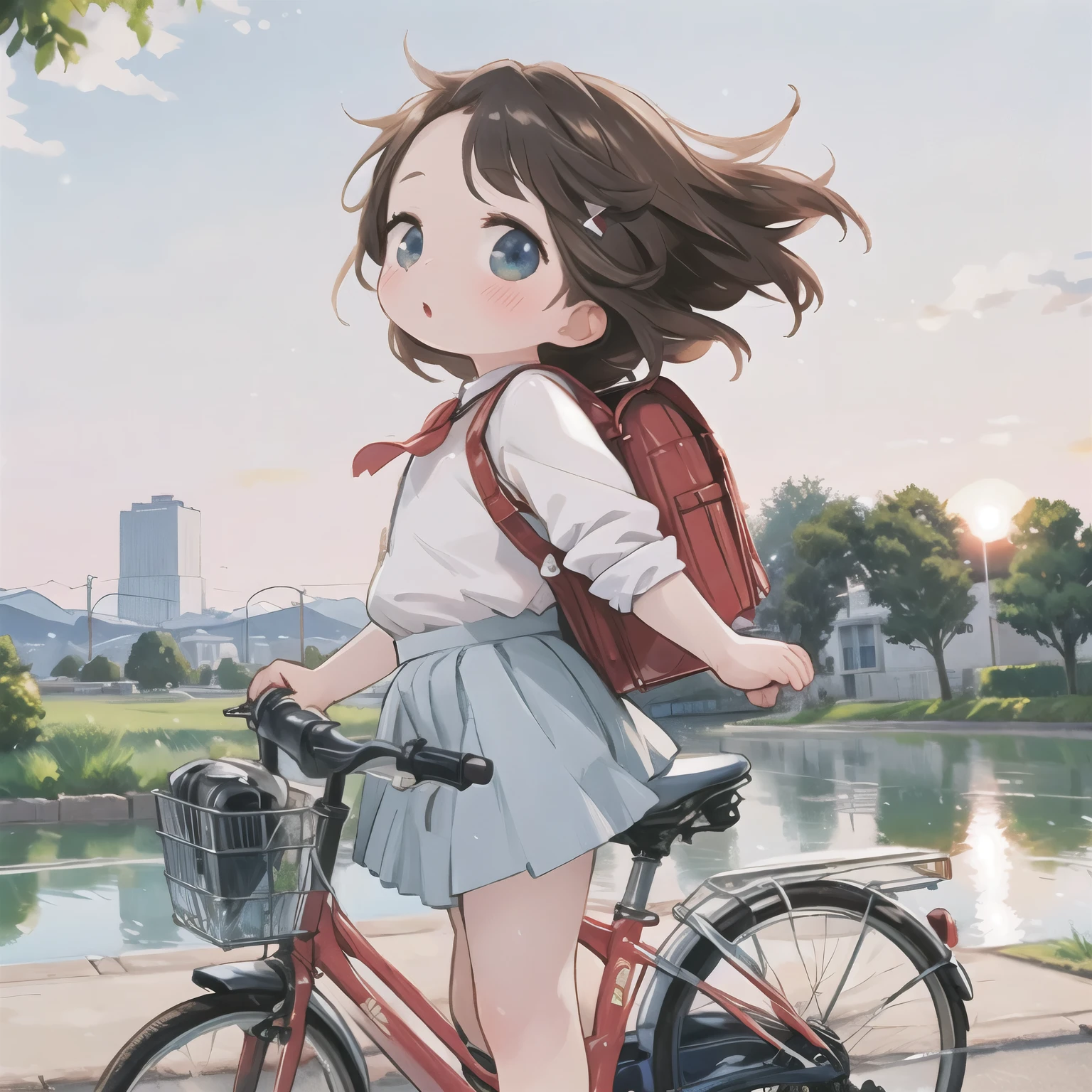 (masterpiece, Ultra-high resolution，Best Quality:1.2), reality、 very short height ， By bicycle，Alone、 Female junior high school student ，Summer clothes、Fluttering skirt，positive，whirlwind，Riverside at dusk、Beautiful sunset，