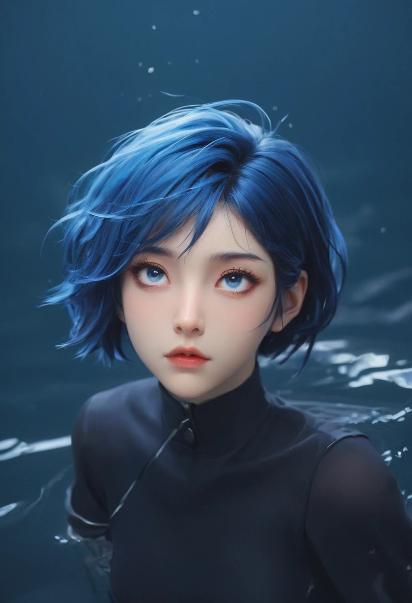 "anime-style portrait, Nagi Aoe, Shounen no Abyss, short blue hair, deep blue eyes, dramatic drowning pose, pure black background with subtle underwater light effects, water reflections, complementary blue highlights, calm yet distant expression, Ilya Kuvshinov style, soft linework, gentle and precise shading, subtle rim lighting, shin hanga influence, trending on Pixiv, ethereal blue aura, mysterious and somber atmosphere"