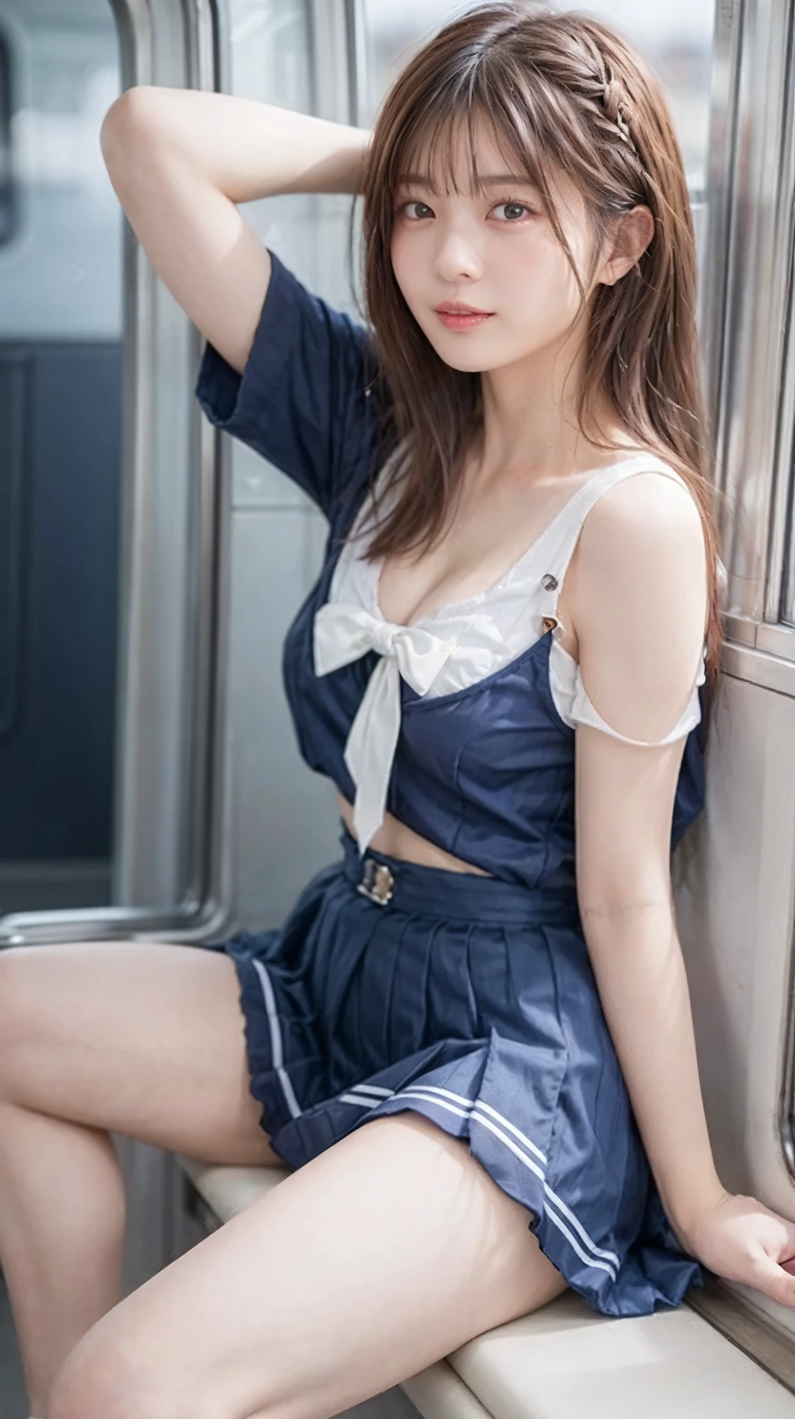 (1girl in:1.3), Very cute, 9 , Looks pure, 8K, Raw photo, (photographrealistic:1.37), 超A high resolution, Best Quality, Small round face, Big eyes, extra detailed face, extremely detailed eye, slender, Thin thighs, Slim long legs, Blushing, (No makeup:1.4), (eye bags:1.3), Fair skin, BREAK ((Japan school uniform:1.3)), ((flat chest:1.1)), (On the train:1.3), (Uniform Ribbon:1.2), (Horizontal long seat with your back to the window:1.2), BREAK (Wearing thigh-high socks:1.3), Professional Lighting, Shiny skin, face lights, Natural Shading, ((accurate hands without incongruity)), BREAK (Shoulder-length hair with bangs,:1.3), (((skirt lift by yourself))), (lifted by self), (Showing panties), ((Sit up, Spread legs wide)), (White panties:1.3),