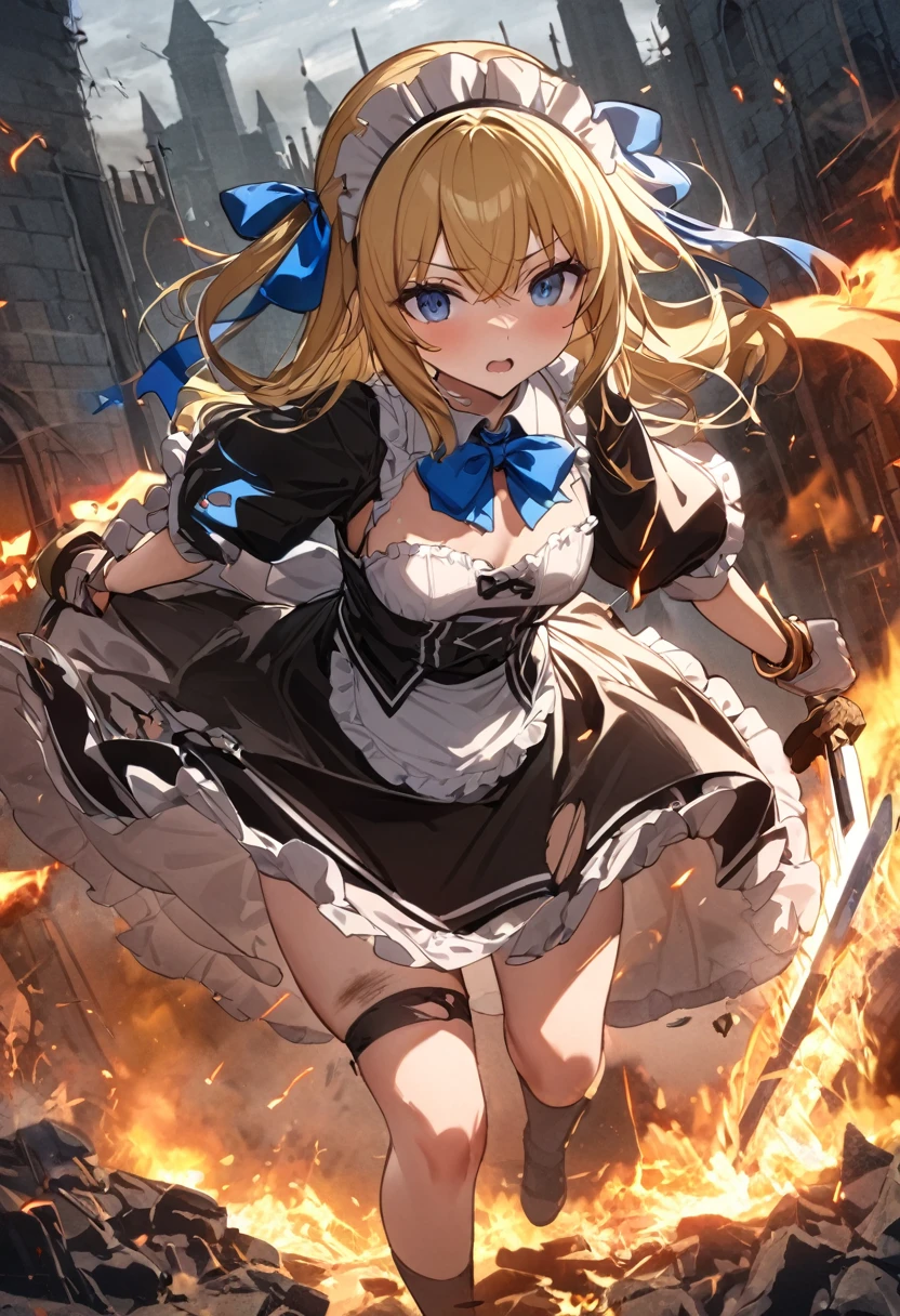 (8k, super high quality, masterpiece, ), Ultra-high resolution, One Girl, cute, Blonde, Small breasts,  black dress to hang your body,  White Apron , Blue ribbon, Gold A-line, Gold accents, Gothic maid outfit, long, Iron Armor , Burning Battlefield, Castle Defense, explosion,  Large Two-Handed Sword, (Western-style sword, ), Sword competition, A strong enemy in front of me, Cornered, be cut by a sword, Torn Apron、Torn clothes、Dirty clothes、Dirty with ash or soot、Dirt all over the body、scratch、Blood、Brandishing a sword with both hands、