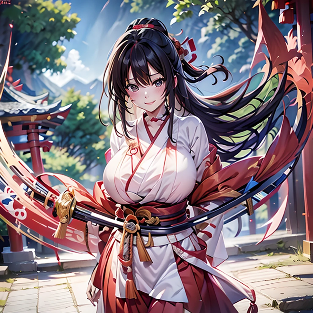  Anime Girls ,Shrine maiden,Shrine maiden服,Black Hair,No text,Big Breasts,超Big Breasts,Huge breasts,Busty,One person,clear,Smile,Japanese sword,slit