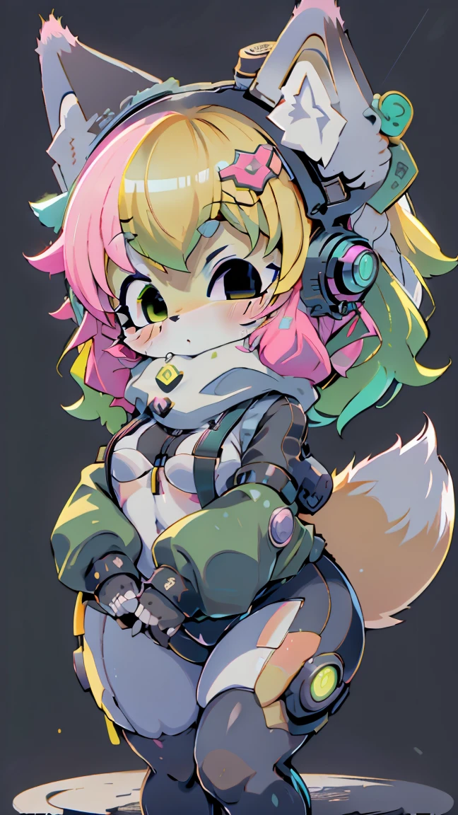 Kawaii, cute fox, (cyberpunk) |  Yellow hair green highlights | blue eyes,  heterochromia | Hairy pink skin  | With a fluffy syrup  | (((white background))) |  Fitness wear   | Funny personality speaking