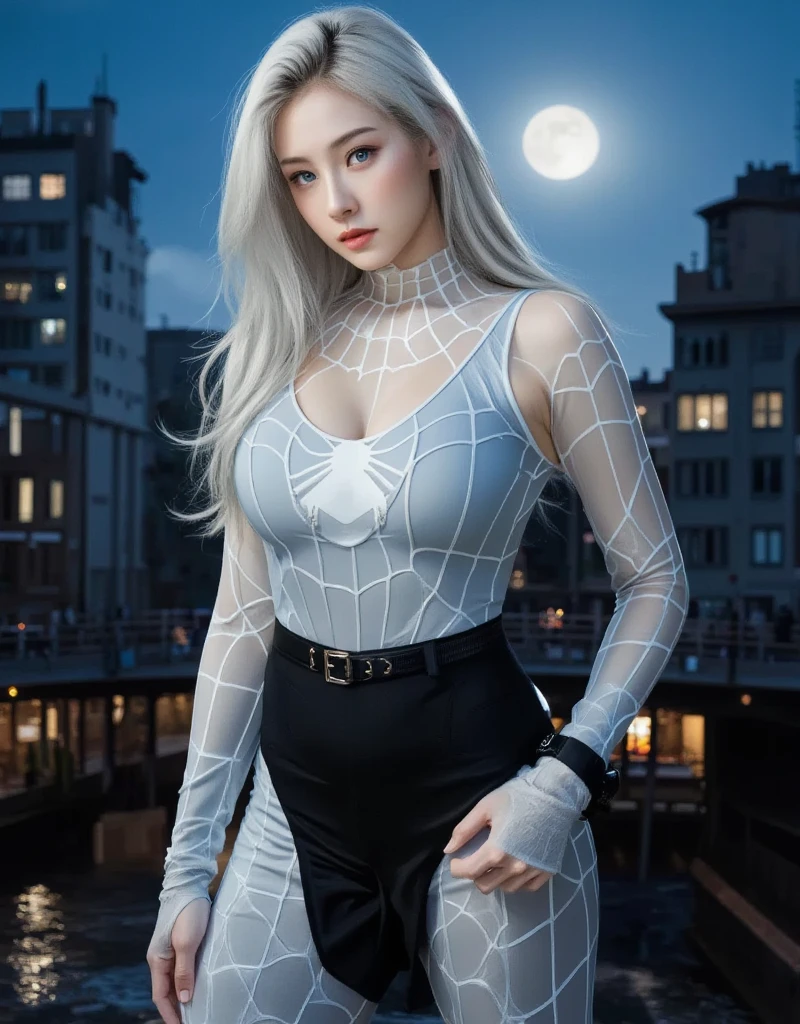 (Masterpiece, 4K resolution, ultra-realistic, highly detailed), (White costume superhero theme, charismatic, girl on top of the city, wearing white Spider-Man costume, superheroine), [((23 years old), (long white hair:1.2), full-body, (blue eyes:1.2), (Spider-Man dynamic poses) ((gritty urban environment):0.8)| (urban landscape, nighttime, dynamic lights), (full moon))]