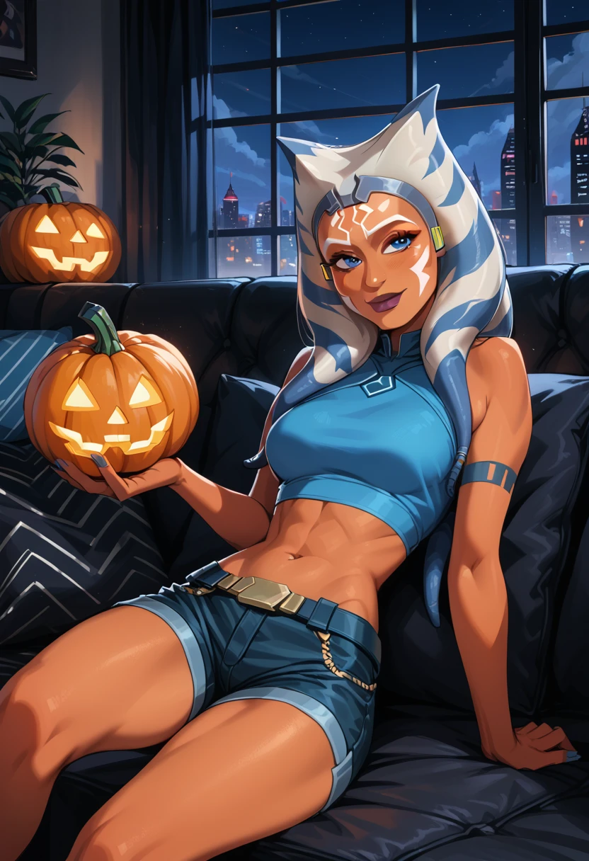 score_9, score_8_up, score_7_up, score_6_up, source_anime D-art, 1girl, solo, very sexy (Ahsoka, togruta, orange skin, white and blue montral horn, white facial markings, jedi, medium montral, rubbery montral:1.4), wearing (sexy Tomb Raider costume, tight cargo shorts and crop top:1.5), confident, flirt, gaze, sexy look, cute smile, head tilt, relaxing on the couch, in the living room, (holding a large pumpkin on her lap:1.3), beautiful modern apartment, city living, (Halloween theme:1.2), night, dark, dimly lit, expressiveh d4rk01l, perfect hands, perfect proportions.