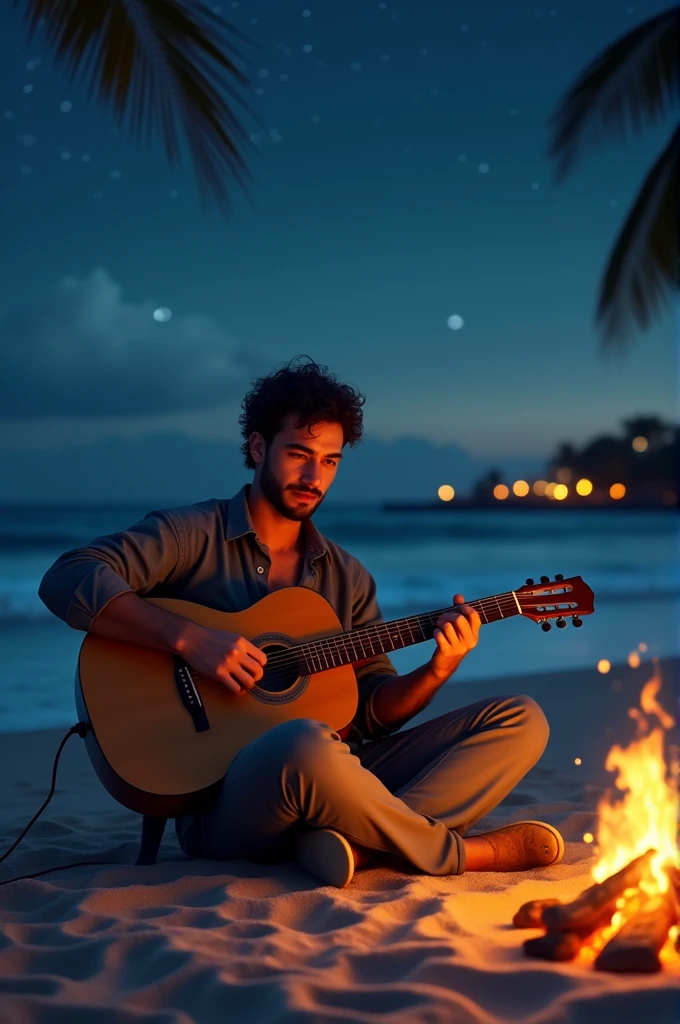 A man playing guitar in romantic date on beach side, enjoying bone fire, night view, realistic image