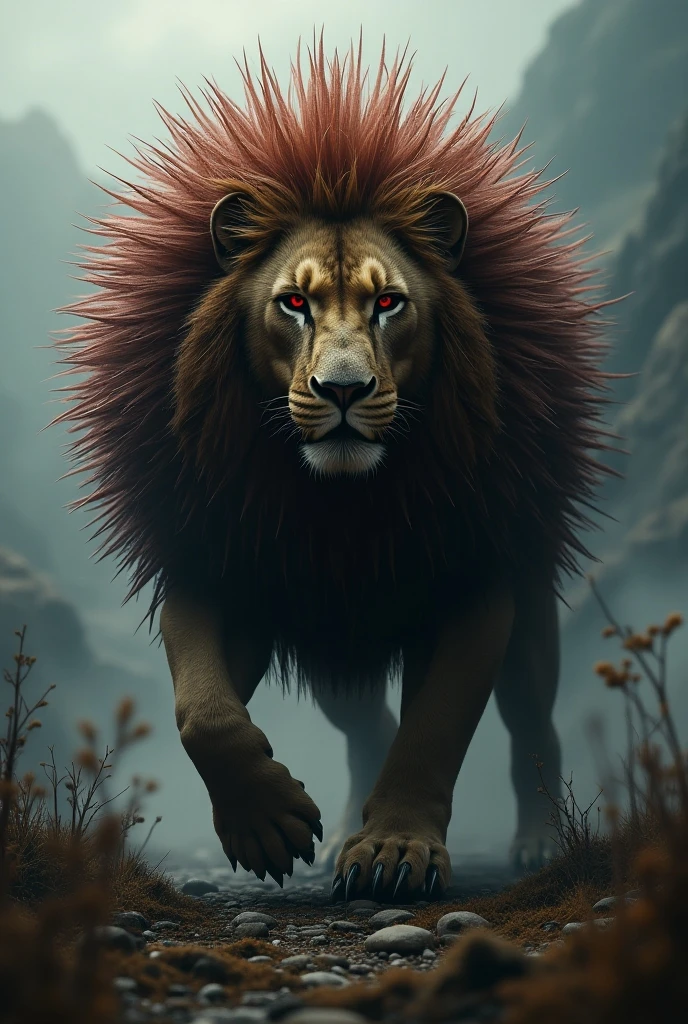 A lion mix with a pit bull bog with red hairs and black sharp nails