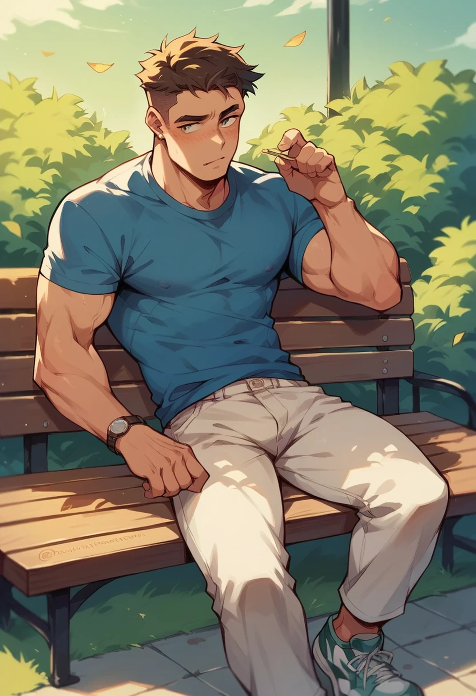 best quality, masterpiece, handsome man with short undercut hair, blond hair, sits at a park bench, legs wide open, neon tanktop, skimpy booty shorts, pulls down waistband to expose flaccid uncut penis, scratching his head, sexy, gay, homoerotic, in dark park, at night, lush bushes in the background, ambient lighting, extremely dramatic shadows, front view, full body, fill frame, perfection, no watermark, no logo, no signature, mj manga
