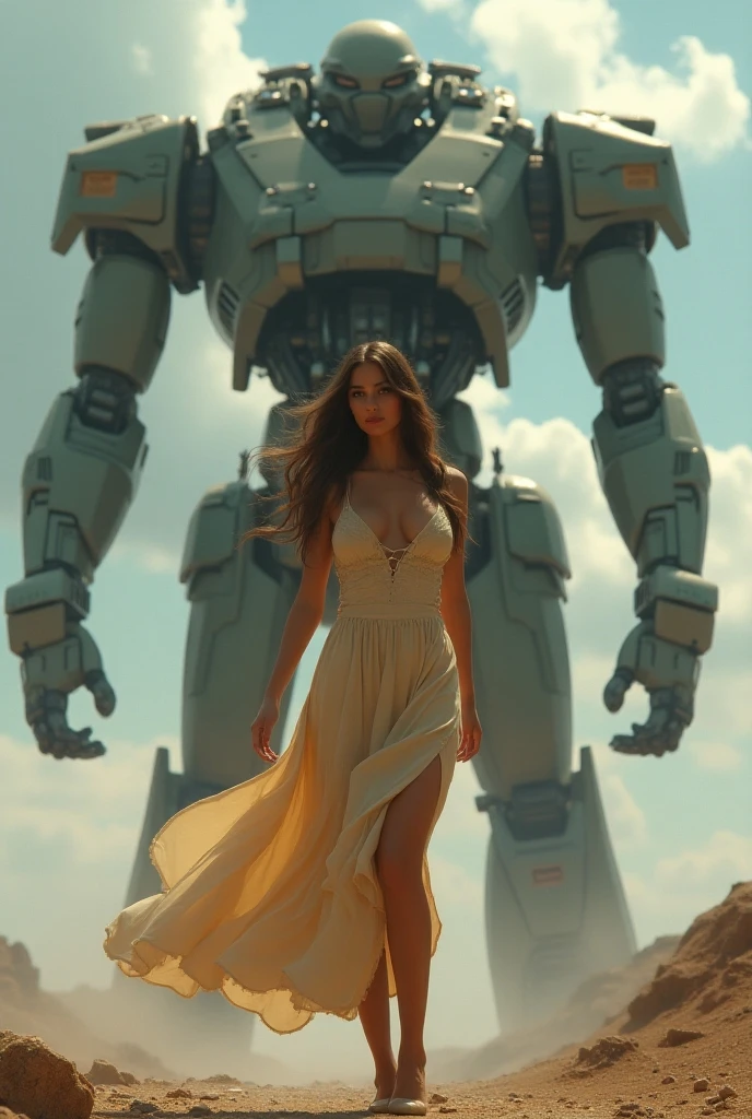 There is a woman in a dress standing in front of a giant robot - SeaArt AI