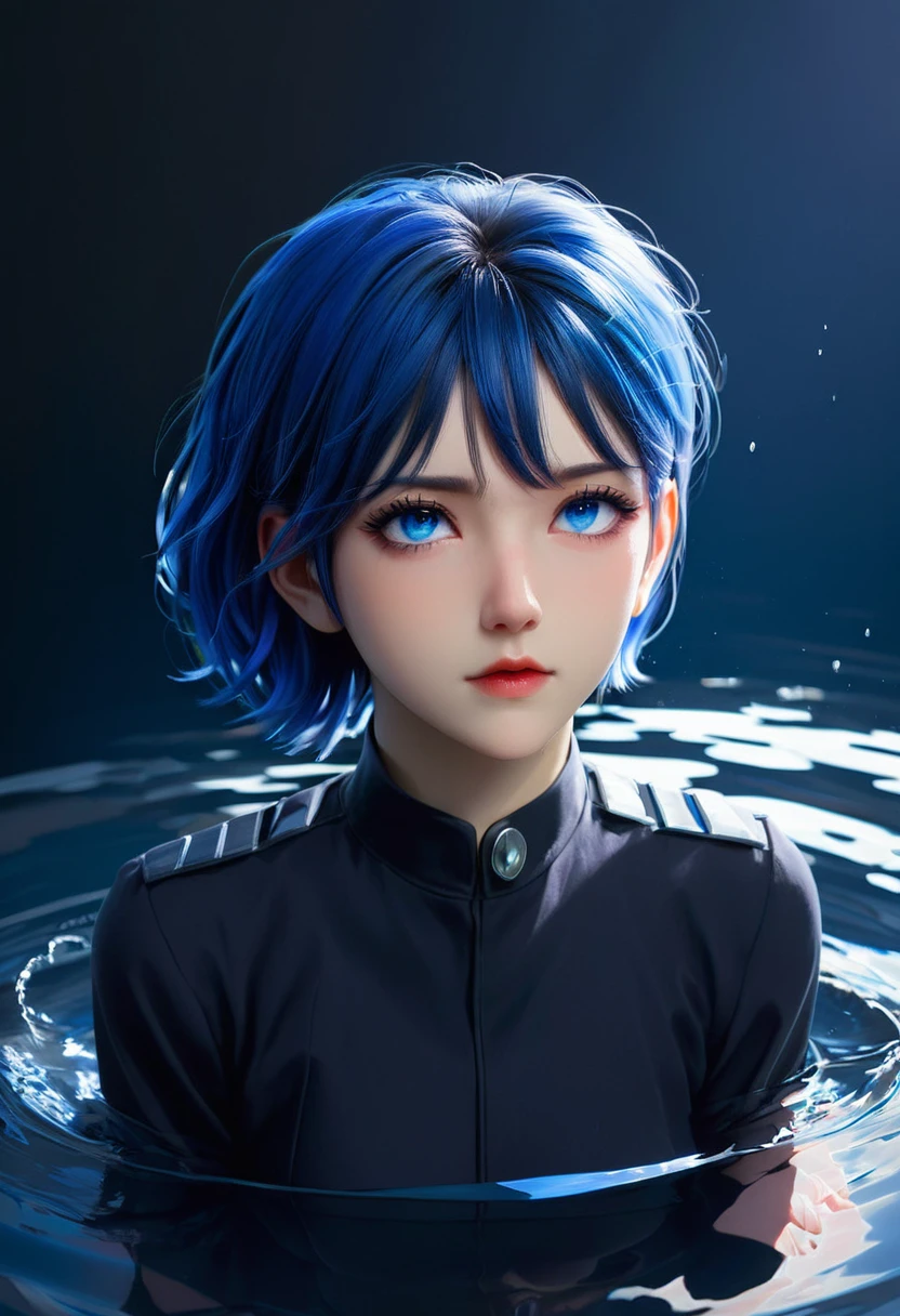 "anime-style portrait, Nagi Aoe, Shounen no Abyss, short blue hair, deep blue eyes, dramatic drowning pose, pure black background with subtle underwater light effects, water reflections, complementary blue highlights, calm yet distant expression, Ilya Kuvshinov style, soft linework, gentle and precise shading, subtle rim lighting, shin hanga influence, trending on Pixiv, ethereal blue aura, mysterious and somber atmosphere"