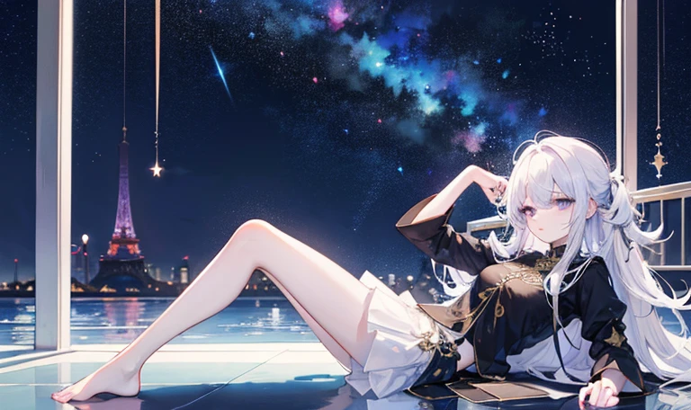 Top quality, high resolution, perfect human structure, from above, glowing hair, cat ears, silver hair, cinematic angle, long hair, sleepy, on side, closed eyes, lying down, gradient eyes, flowing bangs, standing, meadow, shooting star, pastel colors, space, near future , night, moon, sunset, hoodie, sneakers, moon