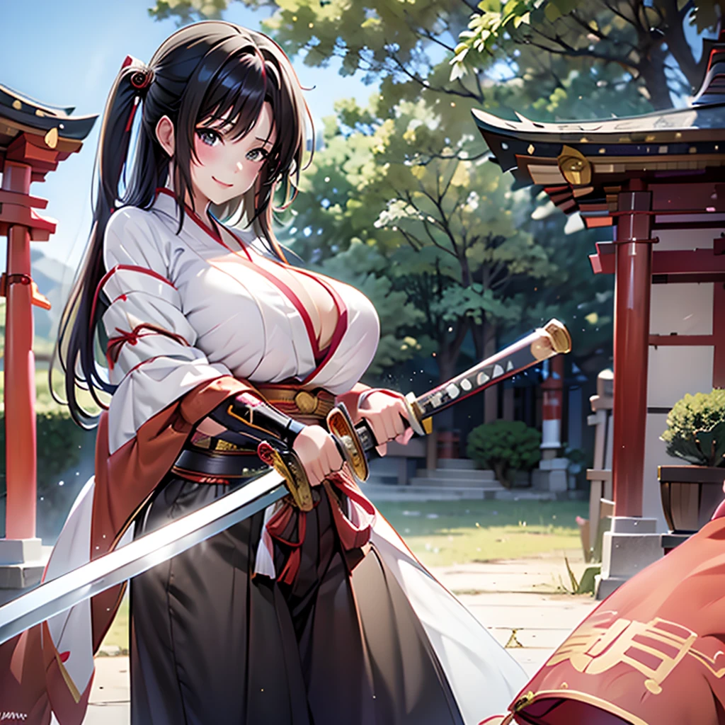  Anime Girls ,Shrine maiden,Shrine maiden服,Black Hair,No text,Big Breasts,超Big Breasts,Huge breasts,Busty,One person,clear,Smile,Japanese sword,slit