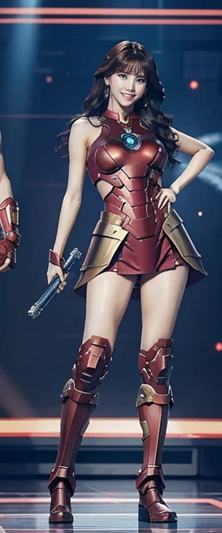 Full Body Photo. Standing in a full height. Studio Background. 8k HD good quality image. Momo from Twice has an ideal body, big breast, big butt, sexy wavy body, straight long hair, wearing a Bronze Full Iron Man armor without the helmet. Bronze iron boots. FULL BODY FROM HEAD TO TOE. Standing in a FULL HEIGHT FROM HEAD TO TOE. The picture must show a complete head to toe picture of the hot Korean
