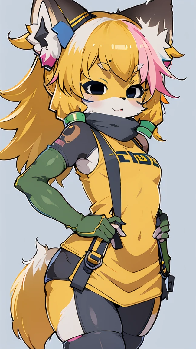 Chibi Kawaii, cute fox, (cyberpunk) |  Yellow hair green highlights | blue eyes,  heterochromia | Hairy pink skin  | With a fluffy syrup  | (((white background))) |  Fitness wear   | Funny personality speaking