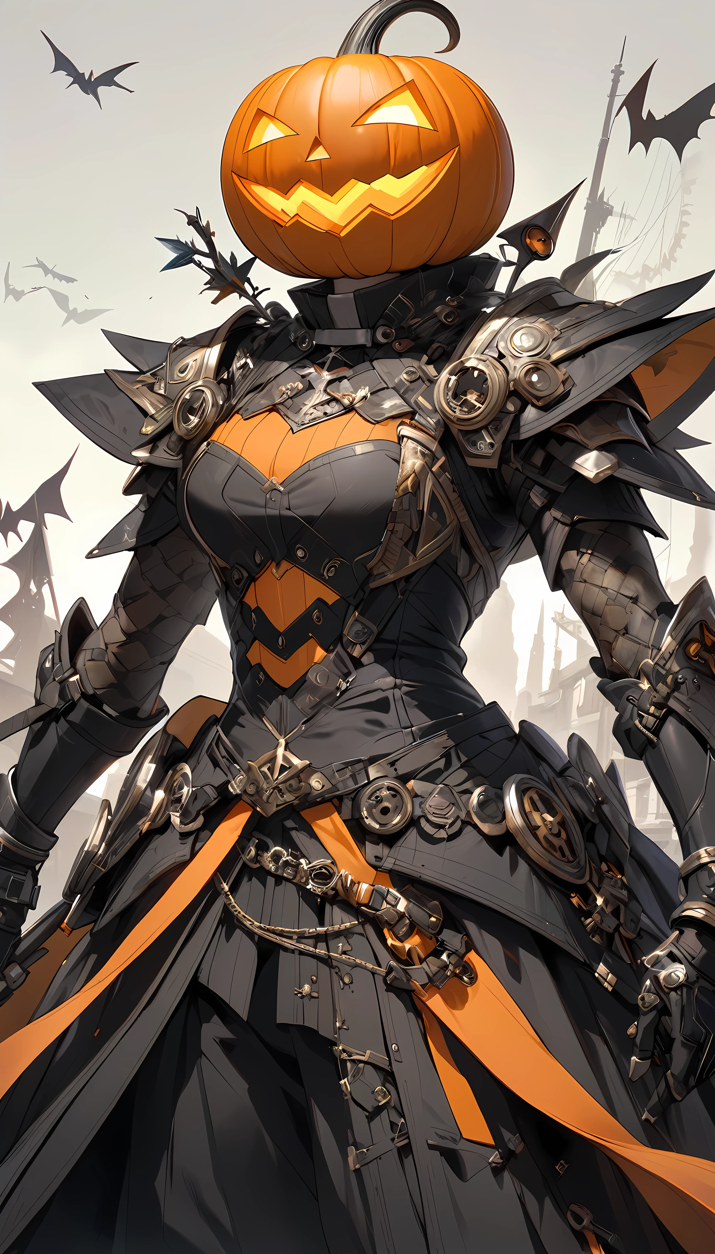 An aesthetic fusion between a Jack-o&#39;-Lantern and a cyborg, Alone, witch, Halloween elements, Seamless Blend, Sweets elements, Pumpkin elements, Purple＆orange＆Black trade color, ARW