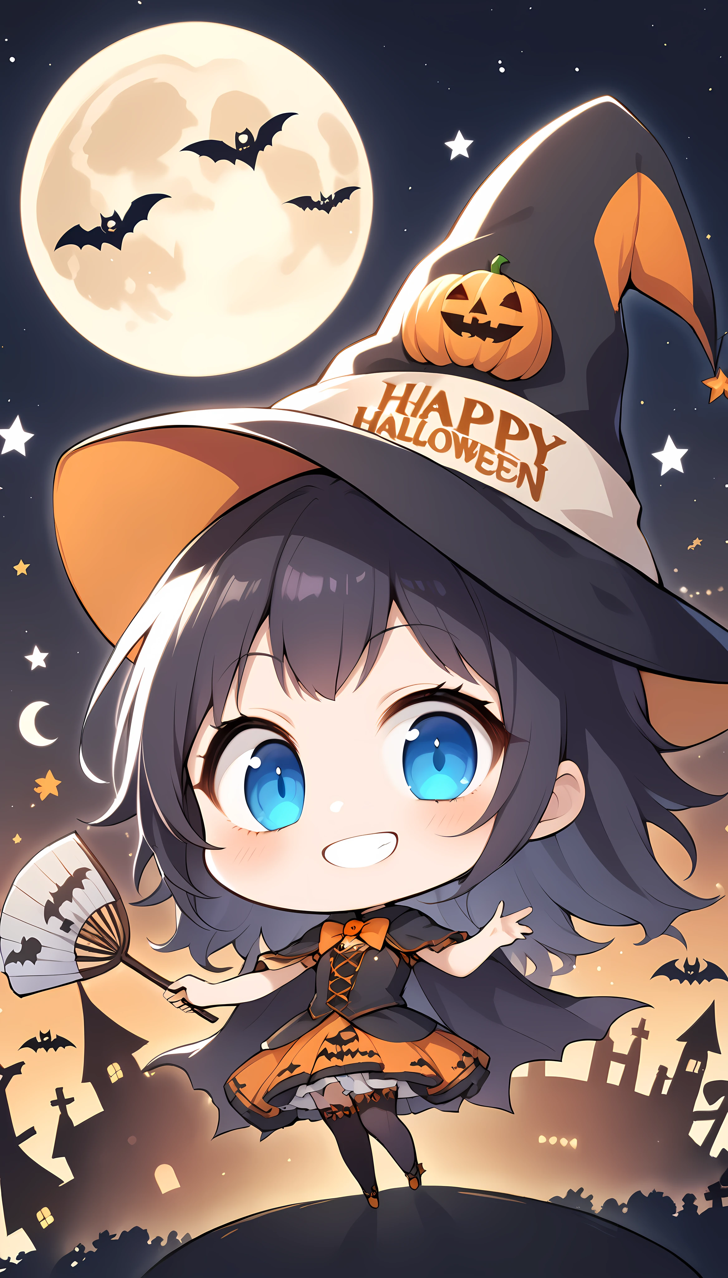 One girl, Hzk, chibi style, Succubus Girl, Blue Eyes, Succubus - The Sun, Witch hat on head, Happy Face, Holding a fan sign with text "Happy Halloween", Text font style medieval, Twinkling stars and moon background