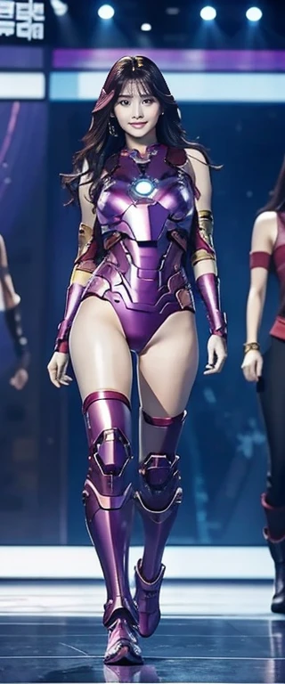 Full Body Photo. Standing in a full height. Studio Background. 8k HD good quality image. Momo from Twice has an ideal body, big breast, big butt, sexy wavy body, straight long hair, wearing a Purple Full Iron Man armor without the helmet. Purple iron boots. FULL BODY FROM HEAD TO TOE. Standing in a FULL HEIGHT FROM HEAD TO TOE. The picture must show a complete head to toe picture of the hot Korean
