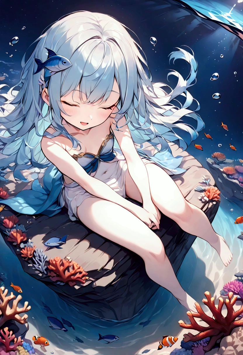 masterpiece, figure, Best Quality, Threatening Jojo ,  1 girl, Alone,  Fish Costumes ,The belly button is visible, Pareo, Fluttering, Light blue long hair, Wavy Hair,  Fish motif hair ornaments , Small breasts,  flat chest, change, smile,Open your mouth, Sitting with legs crossed, Floating, Looks sleepy,  Dynamic Pose , extreme posing,  angle looking down oblique from above ,  I'm staring at the viewer,Asleep, Night seaのイメージ,  upper body,  clothing with attention to detail, Portrait,  Underwater Backgrounds , Fish on background,Asleep魚,  Coral Reef, Underwater paradise , Night sea, Underwater Depiction , Quiet Sea,  Realistic Water Splashes ,  detailed background , A fantastic sight, Night light bug 