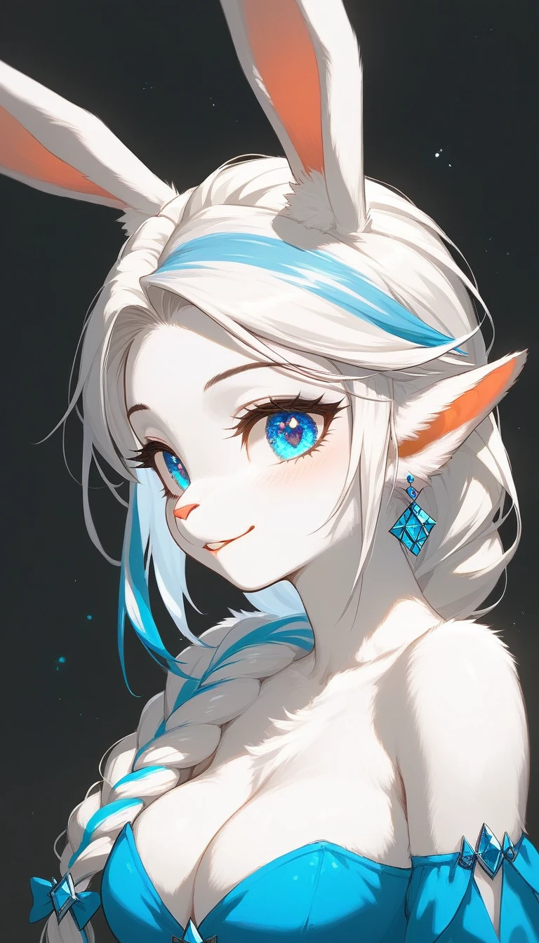 score_9,score_8_up,score_7_up, source_furry, ( bunny, Anthro furry bunny girl, adult female, ) solo, elsa, blue sparkling eyes, white fur, long white hair, white hair with blue highlights, single braid, alluring eyes, kind smile, side profile, she peeking toward the viewer with a smile, sexy pose. white fur, white skin. wearing an off-the-shoulder dress, dressed as a link from the legend of zelda, with cleavage, a black background,