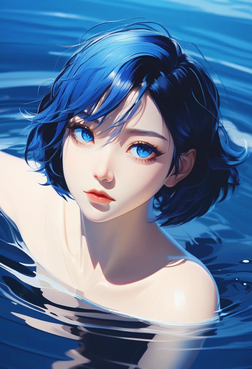 "anime-style portrait, Nagi Aoe, Shounen no Abyss, short blue hair, deep blue eyes, dramatic drowning pose, pure black background with subtle underwater light effects, water reflections, complementary blue highlights, calm yet distant expression, Ilya Kuvshinov style, soft linework, gentle and precise shading, subtle rim lighting, shin hanga influence, trending on Pixiv, ethereal blue aura, mysterious and somber atmosphere"