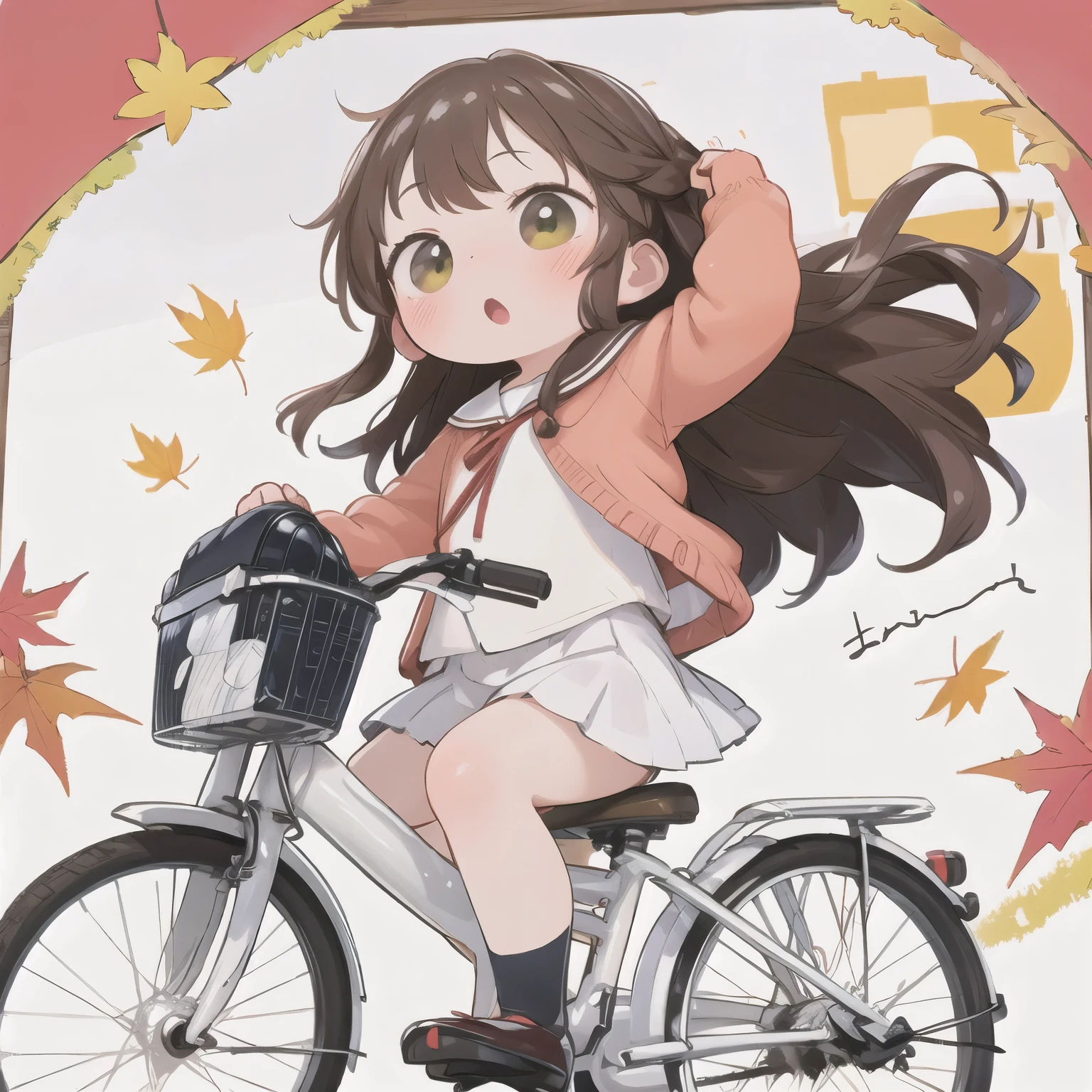 (Masterpiece, Ultra-high resolution，Best Quality:1.2), reality、Very short stature， By bicycle，Alone、 Female junior high school student ，Winter clothes、Fluttering skirt，positive，whirlwind，Autumn leaves，Kawabe at dusk in autumn、Beautiful sunset，