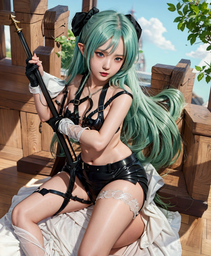 Hatsune Miku Style Real,((( Underwear is visible from under the skirt)))、Sheer 、Sheer pubic hair、teats、pubick hair、An ultra-fine illustrations, superfine illustration, 3D, full_Body, from a_Below, Thick_thighs thighs thighs thighs, Spread_Legs, Sweat, girl,Woman, 年轻,20 years old, Very long hair, Wavy Hair, Bangs, long bangs between eyes, Twin-tailed, side locks, Green hair, multicolored hair, messy long hair, Authentic and detailed face, ^_^, complex details beautiful and delicate eyes, Human Hands, Medium_breasts, , Green eyes, Wet skin, {Sailor Suit}, pleats_Skirt, Skindentation, Crop_Top, Bare_Legs, Black clothes, Beautiful and delicate purple light water surface, Outdoors, intricate light, Diffraction spikes, very fine 8K CG wallpaper, very fine 8KCG wallpaper, Hyper Detailed