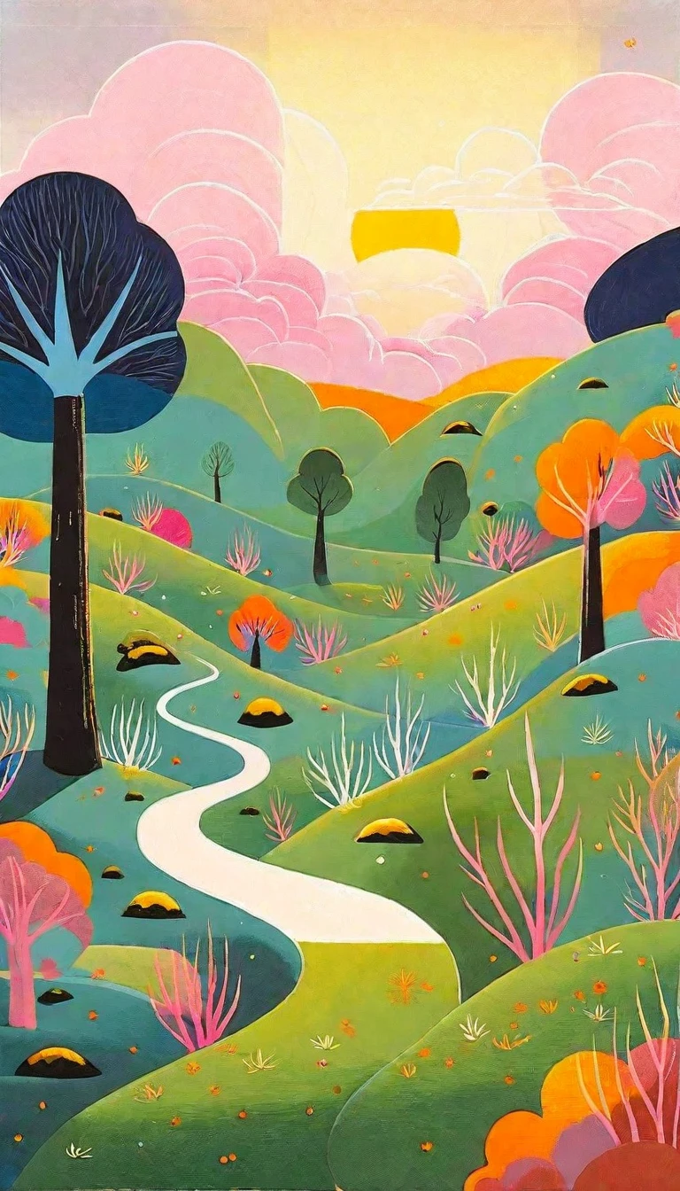 Masterpiece, best composition, best quality, minimal illustration, painting of a road through a hilly area, a landscape with rolling hills, various trees and grasses, colorful design, sun, blue sky and white clouds, Kilian Eng Vibrant colors, colorful illustration, by justin gerard, vibrant gouache landscape, colorful flat surreal, colorful landscape painting, Camille Bon Bois, Craig Thompson.