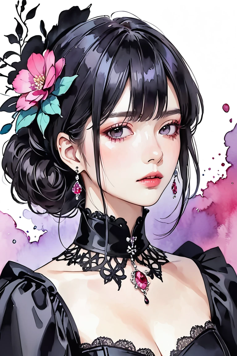 in style of Harry Clarke, drawing by Conrad Roset, close up, (darkness:1.2),(very detailed shadows:1.2),absolute shadows,absolute darkness, kamado nezuko, black hair, pink eyes, pink hair ribbon, two-tone hair, cleavage, big breasts,