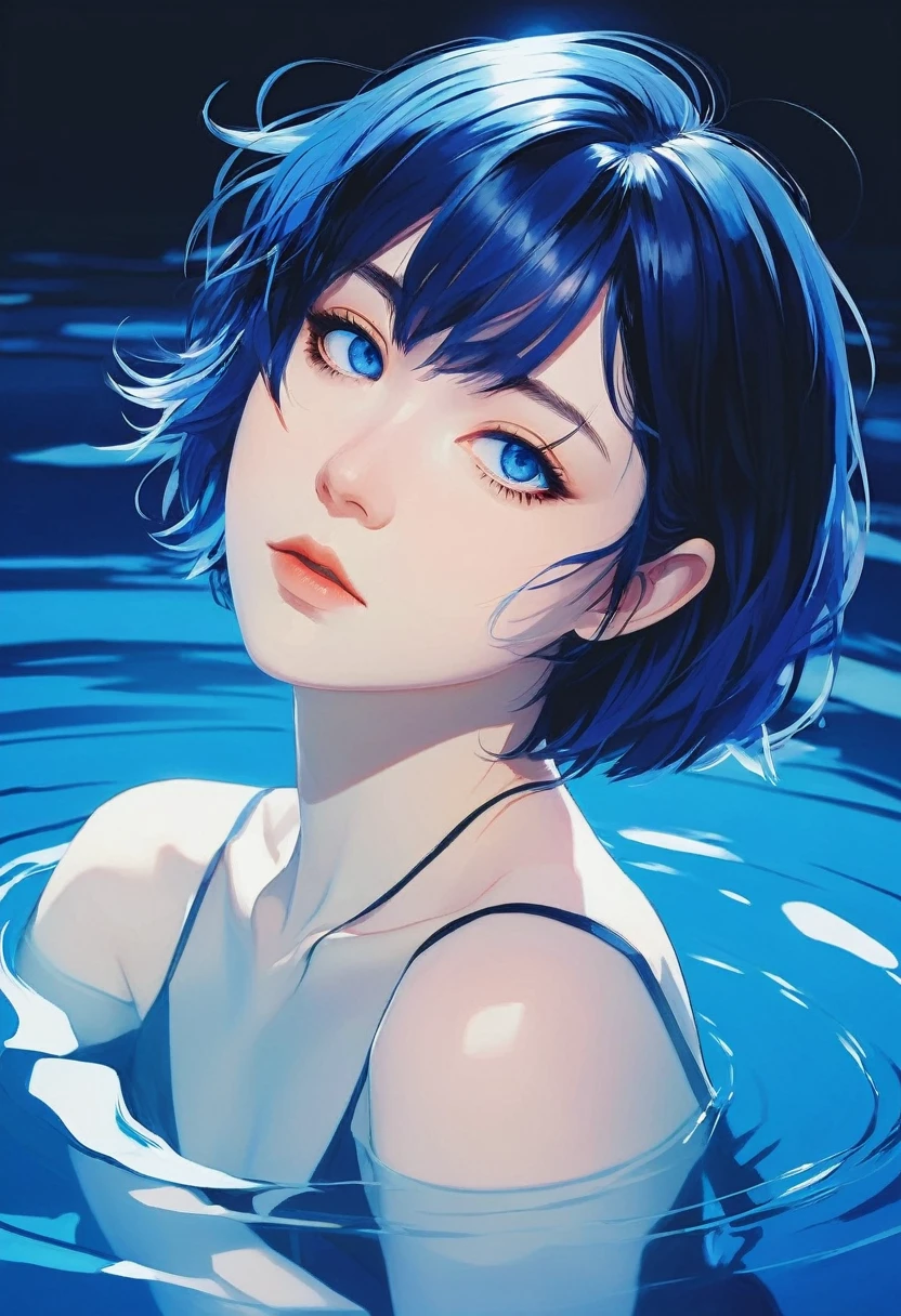 "anime-style portrait, Nagi Aoe, Shounen no Abyss, short blue hair, deep blue eyes, dramatic drowning pose, pure black background with subtle underwater light effects, water reflections, complementary blue highlights, calm yet distant expression, Ilya Kuvshinov style, soft linework, gentle and precise shading, subtle rim lighting, shin hanga influence, trending on Pixiv, ethereal blue aura, mysterious and somber atmosphere"