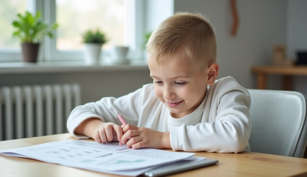 Intelligent 10-year-old boy, shaved head, redhead, solving puzzle, without glasses. --auto