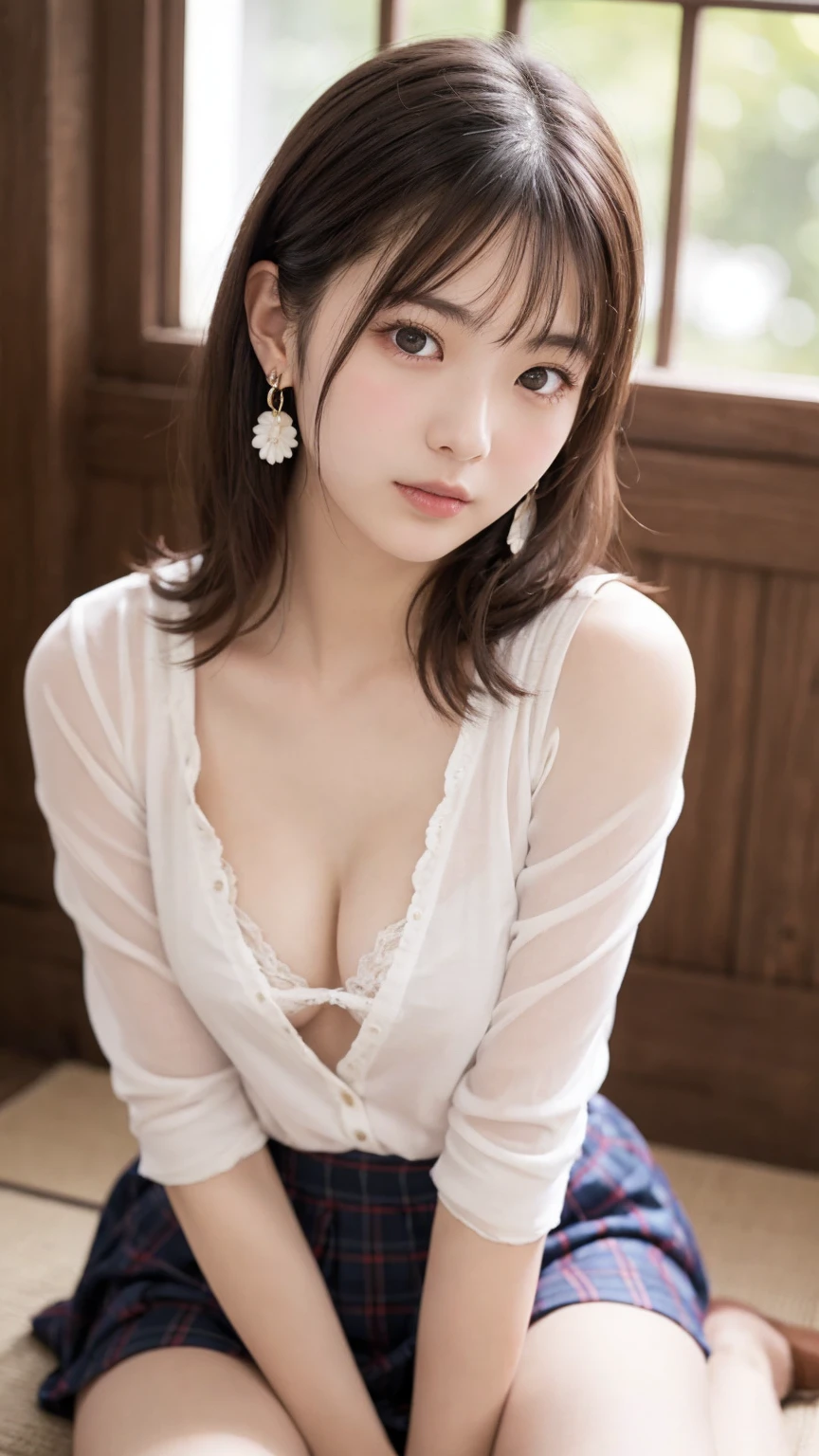 、 High Resolution 、超 High Resolution 、photograph、Japanese Women、Provocatively、cute、Age 25、、 highly detailed skin 、Japanese、、、Beautiful Face、Staring Eyes、Transparency、Even skin、細部まではっきりとexplanation、、、explanation、 Beautiful Thighs、、Ample breasts、、Updo、accessories( earrings)、、A pair of arms、Delicately decorated clothes、Realistic body shape、、Soft to the touch、、、Mature body and face、、Curly hair、、、Beautiful fingertips、 shy、Do you look at your chest 、slouch、Bring your chest together with your arms to create cleavage 、Sit down、Summer school uniform with unbuttoned chest、Sharp contours、Tasty looking thighs