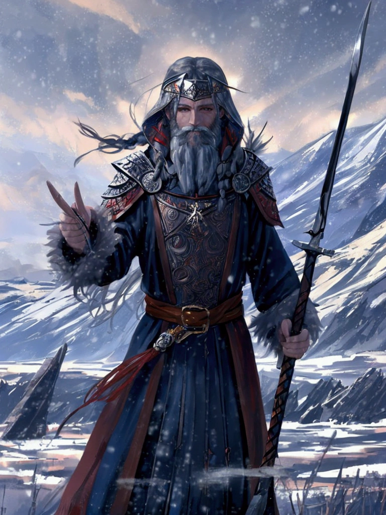An ancient oil painting of a Viking warrior, standing proudly with long braided hair and a full beard. He wears a weathered leather tunic with fur accents, holding a beautifully crafted battle axe. His armor, decorated with Norse runes, gleams softly in the dim light. The painting shows a cold, snowy landscape with jagged mountains and a stormy sky. The brushstrokes are bold, with rich earthy tones, capturing the raw power and stoic expression of the Viking, as wind sweeps through his cloak and snow drifts through the scene, in the style of classical historical portraits."