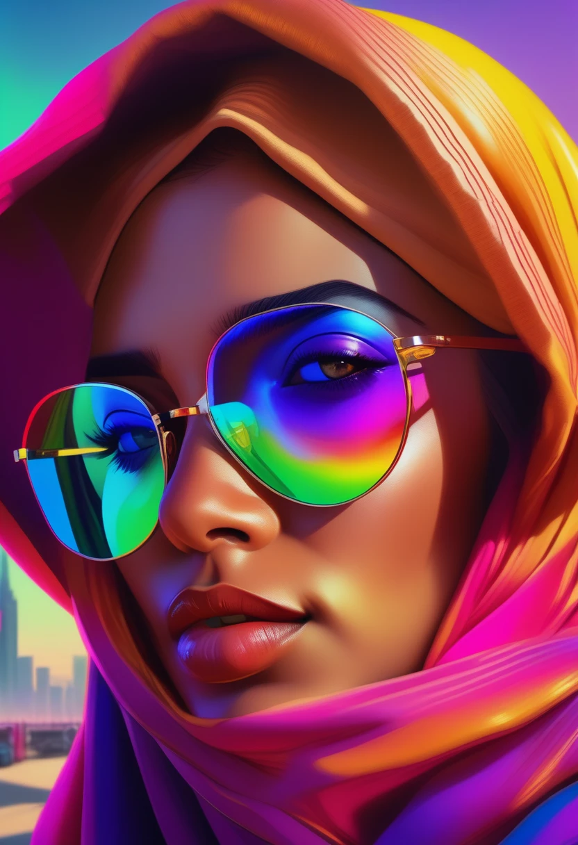 an image picture of a so beautiful gorgeous mano-ha hijab woman, colorful rainbow | neon realism,digital art, airbrush ,glasses, hat