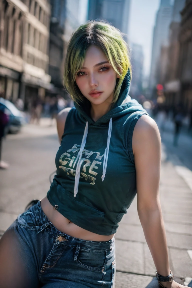 (photorealism:1.2), beautiful woman, tied back hair, teen, black hair,  (hoodie:1.2), Fujifilm X100V, , score_9, score_8_up, score_7_up, score_6_up, score_5_up, masterpiece, best quality,(best quality, highres:1.2),tomboy girl,  thick thighs, wide hips, curvy, detailed nose and face, city street, looking at viewer,depth of field, blurry background, floox style, solo, beautiful eyes, standing,  (detailed:1.3) green hair, teasing, short hair,  wearing black sleeveless shirt, jeans, tight clothes, 18 years old, close up shot, 