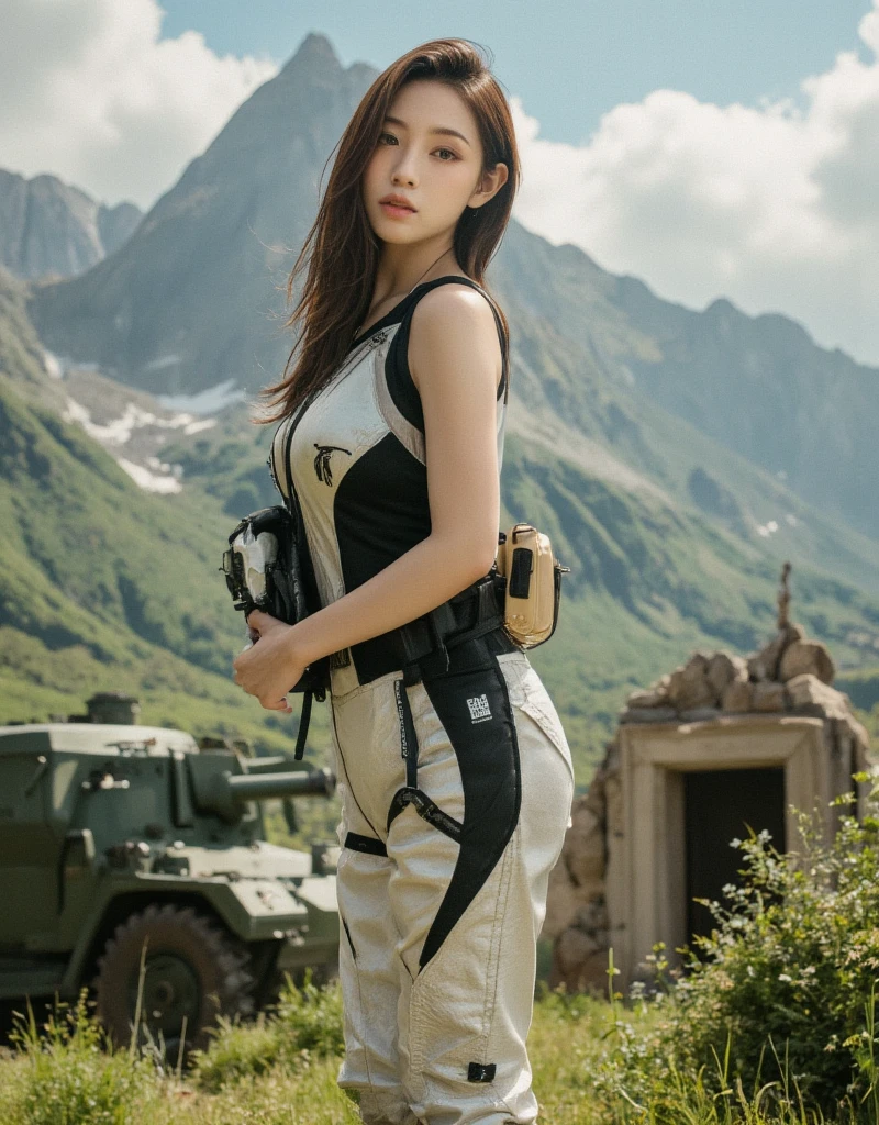 award winning (full body:0.8) (portrait photo:1.3) of a young female (sci-fi astronaut:1.3) with  a (army tank:1.4), (Stargate:1.4), looking out over a verdant alien planet, (mountains:1.2) (tall grass:1.4), rocks, fluffy clouds in the sky, trending on artstation, highly detailed, fine detail, intricate, (lens flare:0.6), (backlighting:0.8), (bloom:0.8), shallow depth of field