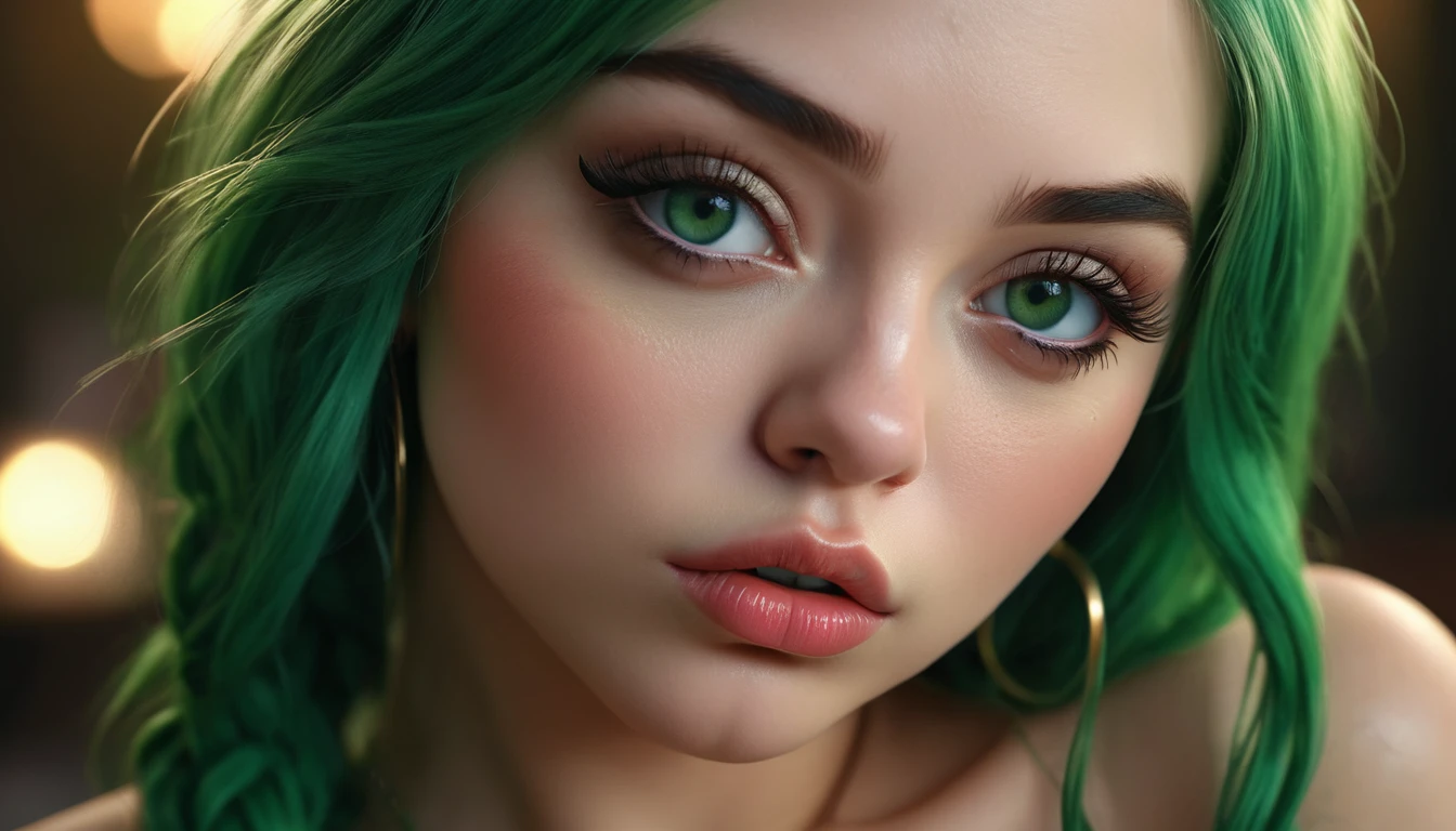 young sexy elf, green hair, Bimbo style ,  big full pouting ,  fat lips , seductive, 1 girl,  gorgeous detailed eyes ,  beautiful detailed lips ,  extremely detailed eyes and face, Long eyelashes, hyperrealistic,  Photorealistic , 8k,  ultra-detailed, masterpiece,  High quality ,  intricate details,  cinematic lighting ,  vivid colors ,  glamorous , Fashion portrait, sensual, alluring, fascinating