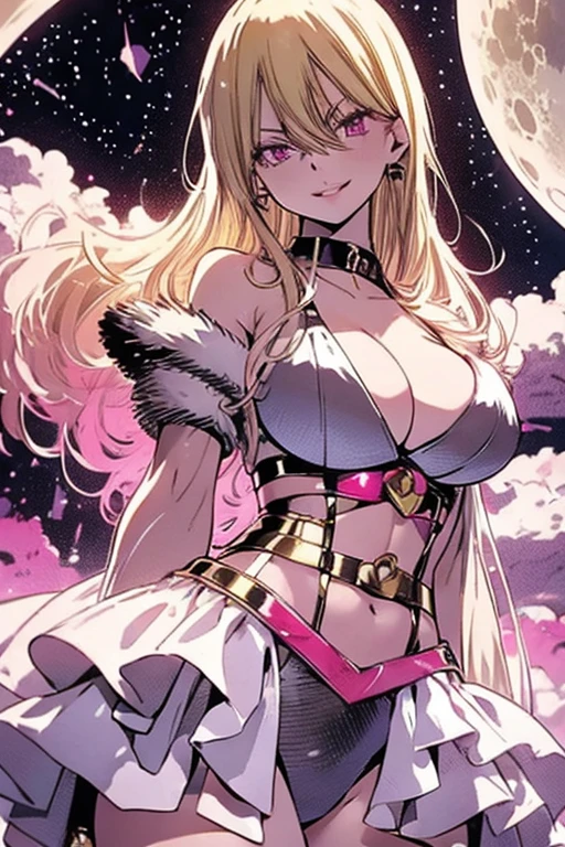 ftselenecas, pink eyes, blonde hair, mature female, armored leotard, moon , big chest, calm smile, perfect waist, large breasts