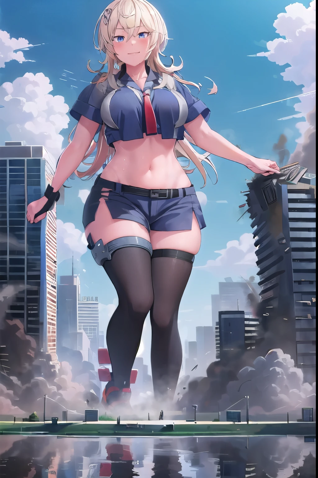 ((giantess)), 1 rapariga, tuscalosa_kancolle, Woman destroying a city, Big cities, Glass building, Pleasure, Long legs, Sweat, Falling sweat, giga giantess, blue sky, (hugebreast), Curvaceous, smile, Background of the metropolis, fullbody, Destroyed City, Dust, anime, panorama, best quality, masterpiece, highres,navel,