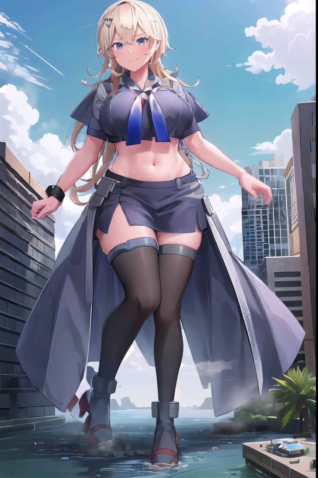 ((giantess)), 1 rapariga, tuscalosa_kancolle, Woman destroying a city, Big cities, Glass building, Pleasure, Long legs, Sweat, Falling sweat, giga giantess, blue sky, (hugebreast), Curvaceous, smile, Background of the metropolis, fullbody, Destroyed City, Dust, anime, panorama, best quality, masterpiece, highres,navel,