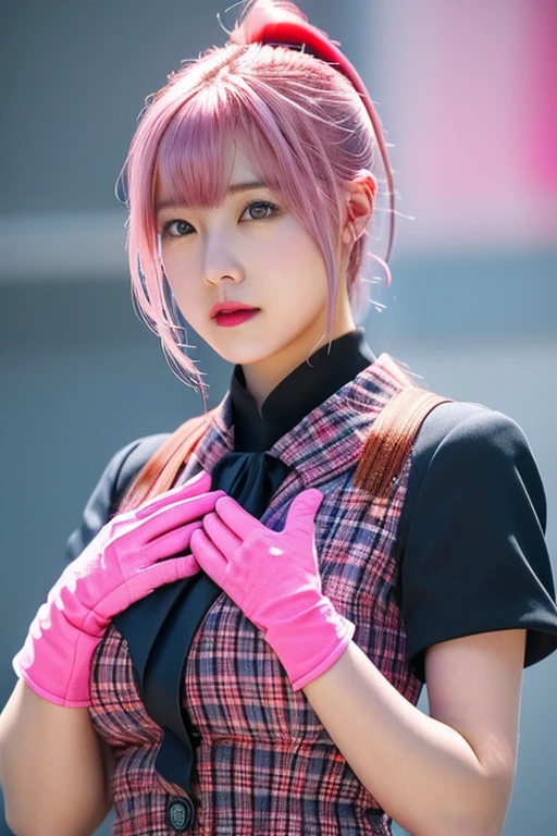 Top Quality, Ultra High Definition, (backlight), (Photorealistic: 1.4), (cowboy shot), 1 Beautiful Girl, (Kpop Idol), Detailed Face, (Pink updo Hair: 1.3), Contrapposto, Smooth Skin, Perfect Anatomy, Professional Lighting, ((wearing Futuristic Police Racing Suits, mini body-conscious skirt or low hot pants, police wappen, High-tech Headset, military harness, racing gloves, machinegun)), ("POLICE", Cloths based on silver pink black white), (background, (Audience Coming close), crashed cars, fire, (Explosion)),