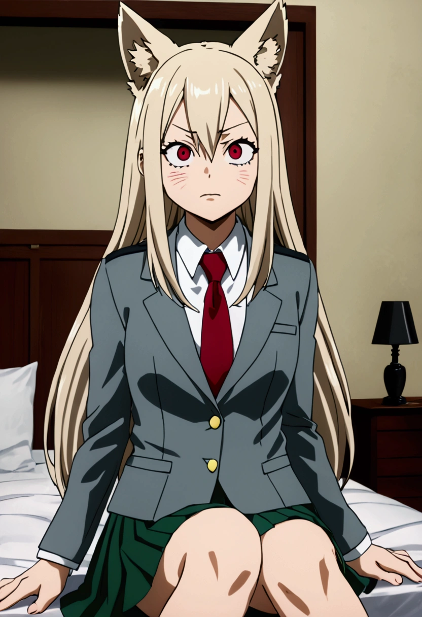 
 Screenshot of Boku no Hero Academia of a teenage girl with long hair, ash blonde, crimson red eyes, wolf ears, wolf tail , has a serious expression,wears the academy uniform,a gray blazer,red tie, green skirt she is sitting on her bed with her legs spread , With a slight blush ,in the background a room 