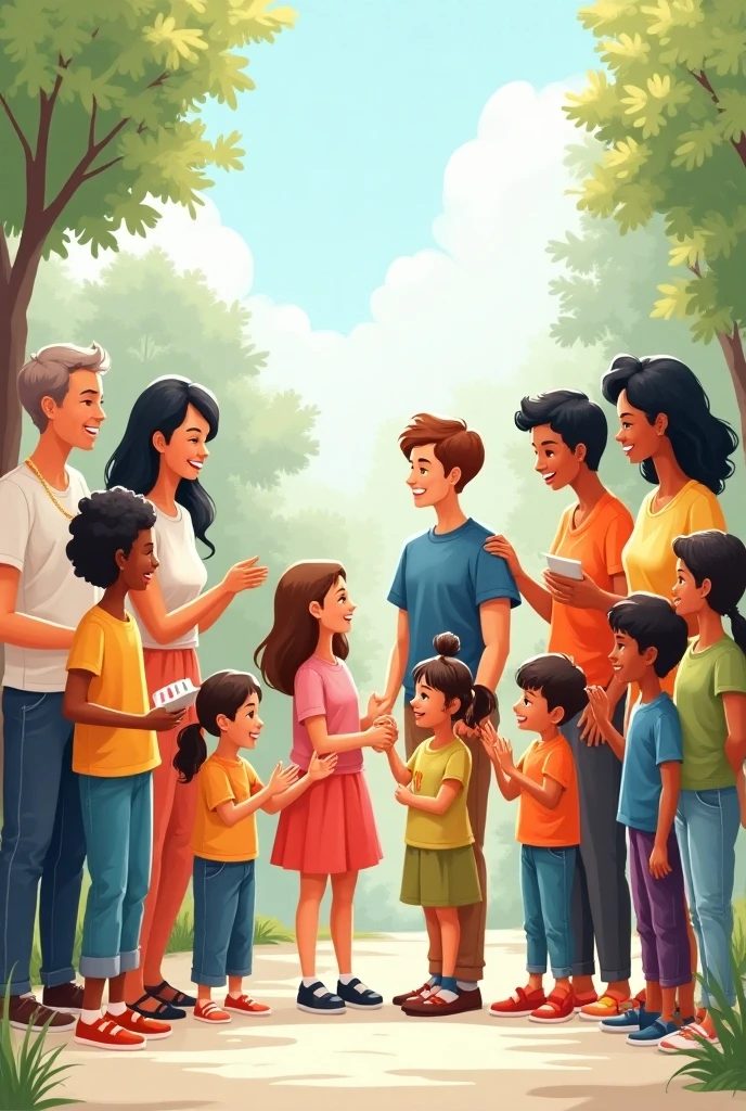 Children and adults holding hands in a circle