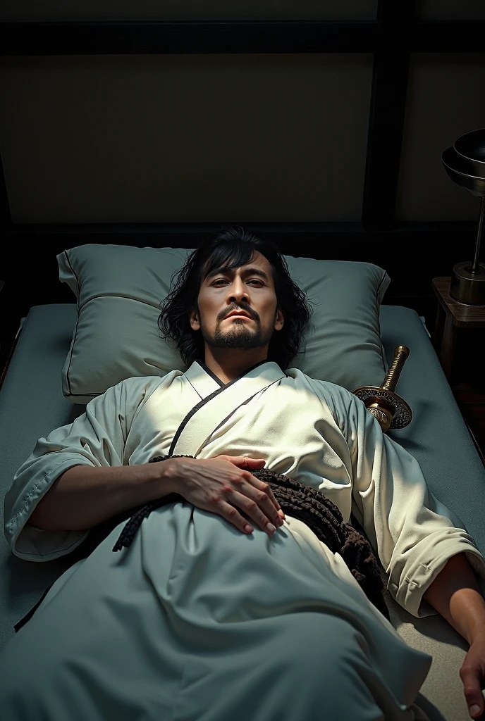  a weakened emperor sitting up in bed, vomiting blood, with bloodstains on the bed and the emperor's chest, his crotch fully of white fluid. Chinese style