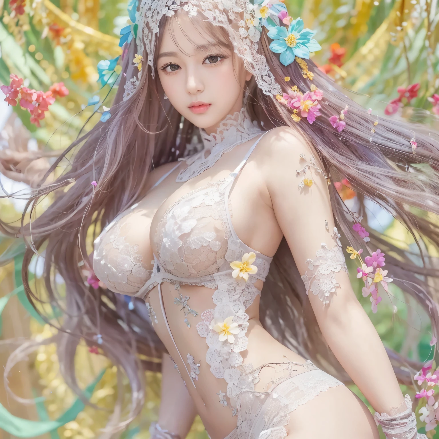 (masterpiece、  best quality  、  best quality  、  Official Art  、beautiful beauty:1.2)、(1 female)、   is very detailed  、(fractal art:1.3)、colorful、Most detailed,(  Posture and Movement   :1.4)、   Perfectly Exquisite Face Detail   、   Beautiful Details and Delicate Eyes  、   very fine resolution   , (   Symmetrical eyes   :1.3),((Japanese hair   )),((Natural smile)),Floral,feather,((((   Lace bra、thong   )))),(((Full body photo))),virgin labia,thick pubic hair,feet spread,Abdominal muscles,Mermaid Line,Cleavage,beautiful legs,   Lower Body Without Pants or Underwear  ,fiber density, Golden Ratio of Body Shape ,Completely naked,shot from angle，    Represents Vaginal Insertion on Face .There is makeup on the face   ,  Whitening Blow Ball Fragile   
