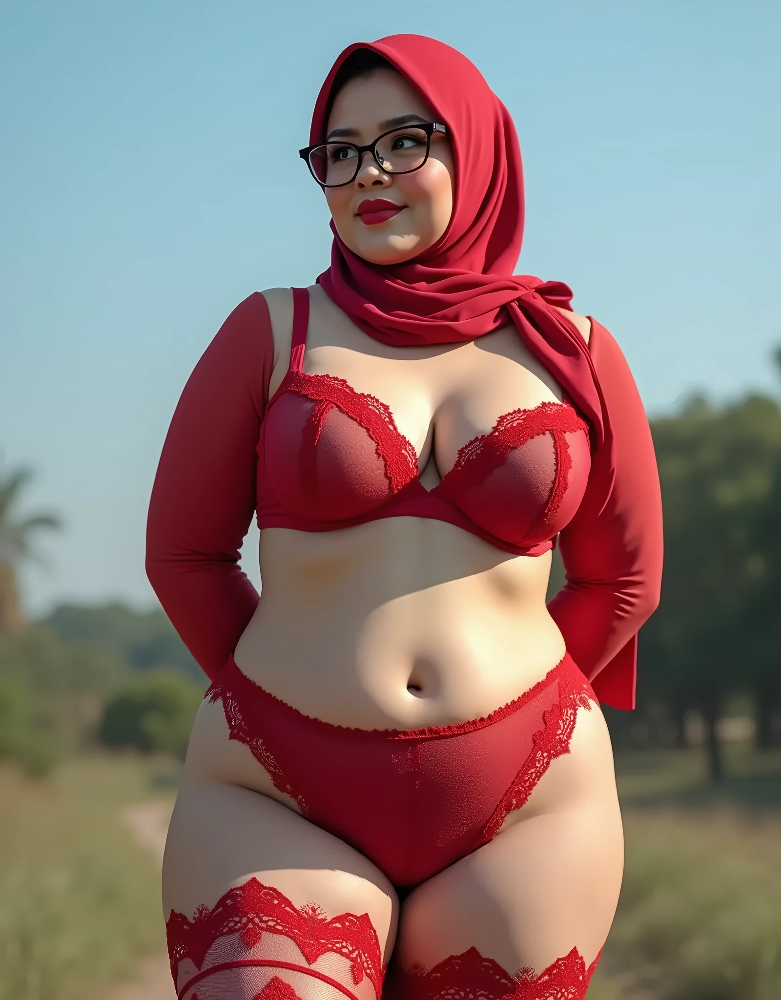 (wearing-hijab:1.4), ((ultra gigantic tits))), ((plump body shape)), ((Plump)), ((Nipple Exposed)), (Detailed description of face),(Detailed description of body), Fair and clear skin, matchless beauty, long legged,(Stockingeauty mole,(Sapphire Necklace),(mature royal mother),(red-lips),(touch tits), (seducting smile), Facing the audience, all-fours、See-through exposed underwear, Lace underwear、the royal palace、a bed、doress、see -through, wearing glasses