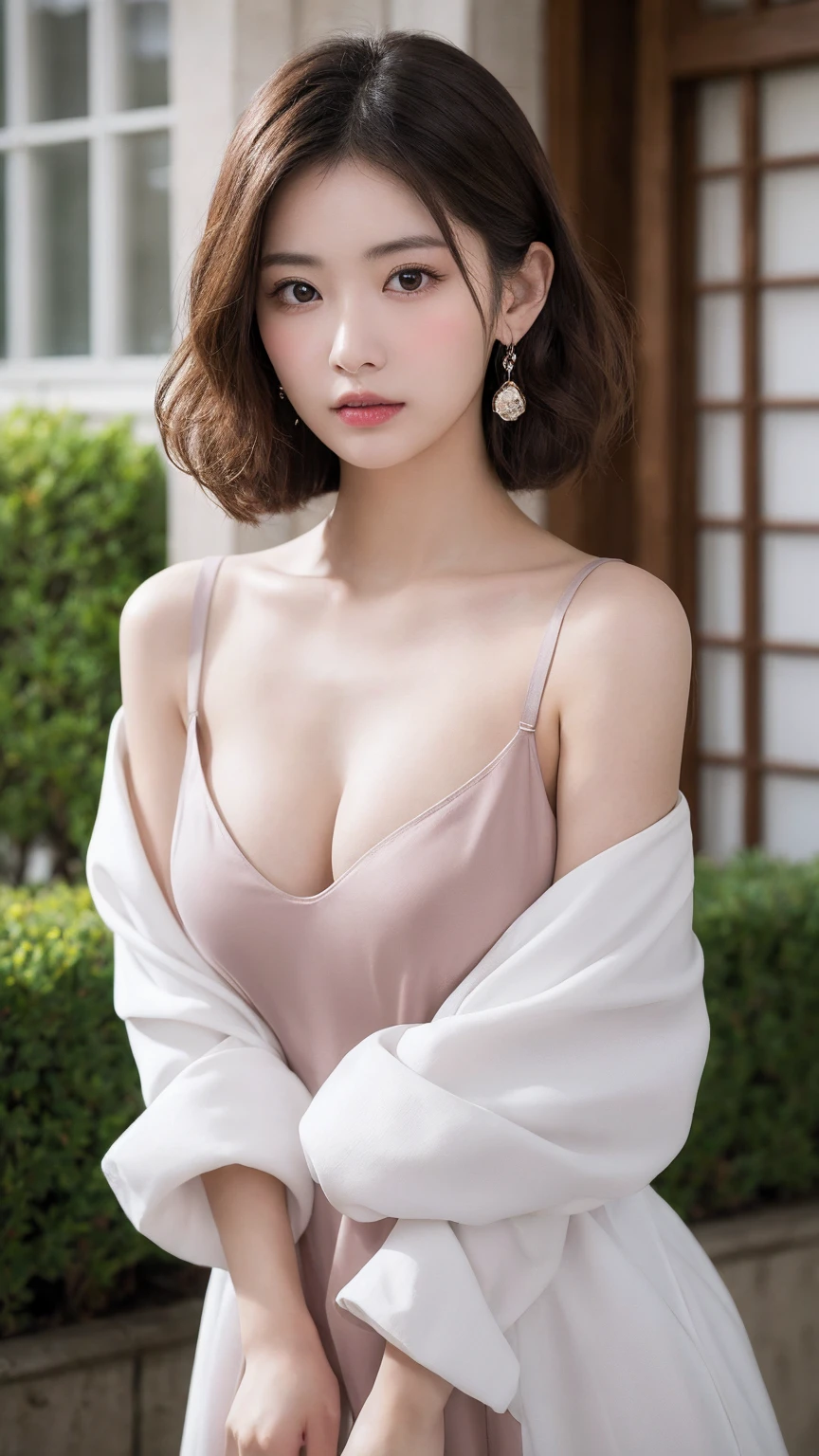 、 High Resolution 、超 High Resolution 、photograph、Japanese Women、Provocatively、cute、Age 25、、 highly detailed skin 、Japanese、、、Beautiful Face、Staring Eyes、Transparency、Even skin、細部まではっきりとexplanation、、、explanation、 Beautiful Thighs、、Ample breasts、、Updo、accessories( earrings)、、A pair of arms、Chic, glamorous and tight off-shoulder one-piece dress、Delicately decorated clothes、Realistic body shape、、Soft to the touch、、、Mature body and face、、Curly hair、、、Beautiful fingertips、 shy、Do you look at your chest 、slouch、Bring your chest together with your arms to create cleavage 