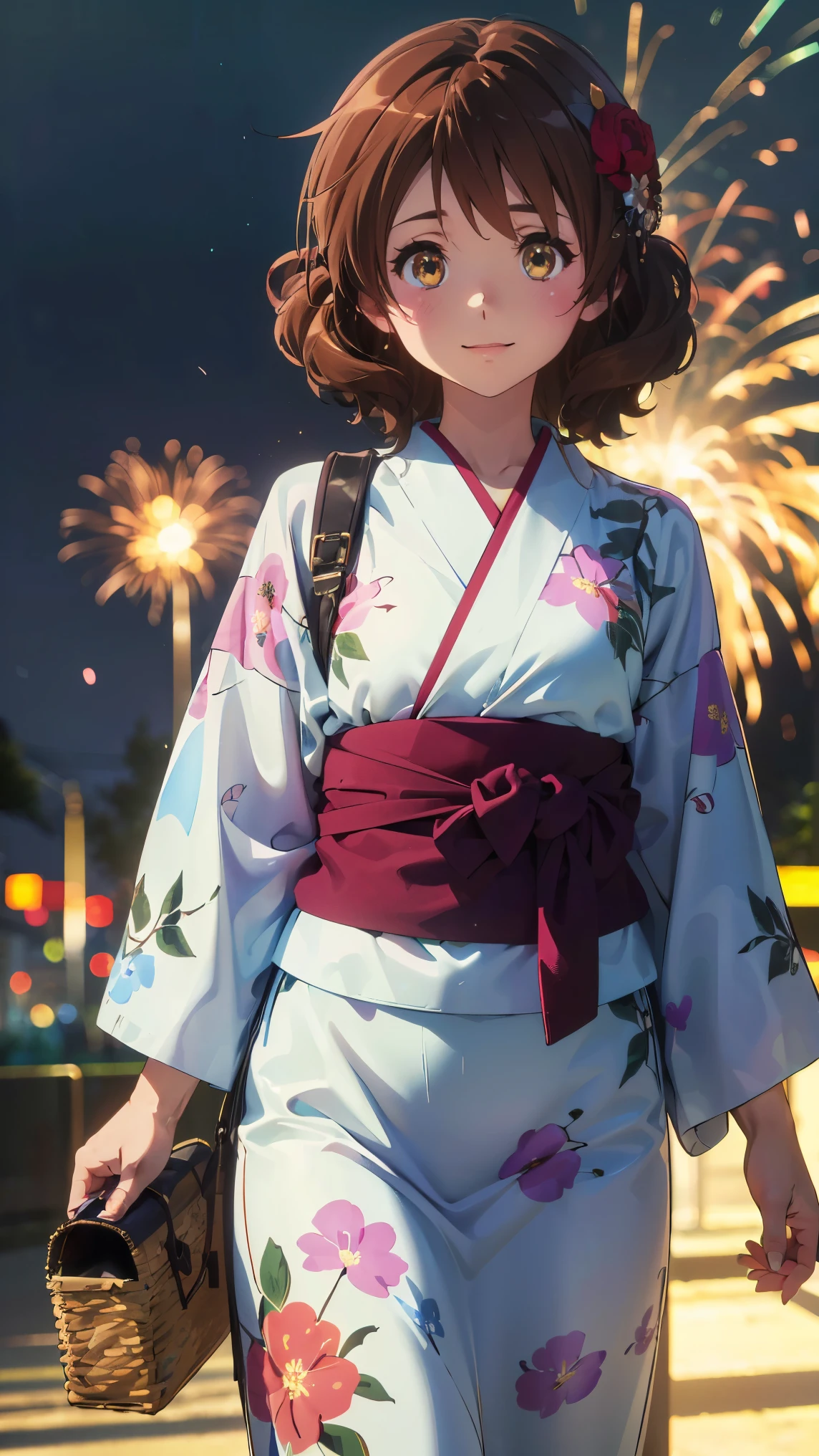 (最High image quality, 8k, High image quality, high detail,masterpiece:1.2)、kumiko oumae,Eye light、 face light 、  sparkling eyes、Alone、1 girl、 viewers、anime、animeカラーリング、(from the front:1.3)、( Perfect Anatomy)、(Looking at the viewer、 focus on the face)、Sparkling Eyes、(from the front:1.3)、( viewers、Blur the background:1.3)、animeカラーリング(Blur the background:1.3)、Before the topic、(( The image placed in the center )),((Glowing Skin,smile))、 (((masterpiece))), ((top-quality)), (( complicated details)),  perfect eyes, Captivating Eyes,(Alone、1 girl)、anime、animeカラーリング、 viewers、Subject in front、Detailed skin、((1 small Japanese style drawstring bag、simple flower hair ornament)),(The,yuTheta,japanese clothes,Heart, sash, floral print, Heartjime,),（魅力的なsmile)、(Watch the fireworks display,Lots of fireworks, dreamy happy atmosphere dramatic lighting),