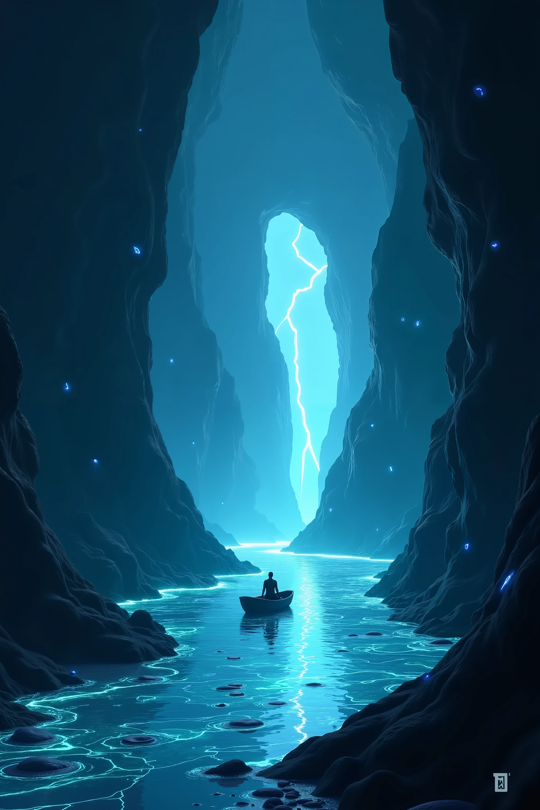 unreal engine, digital artwork, UHD, low angle shot, camera is haft under the water surface, scenery of a big rive flow inside a colossal dark cave, vibrant color bioluminescence water surface, there are many ores with shimmering light in the cave, there is a small boat and a man on it