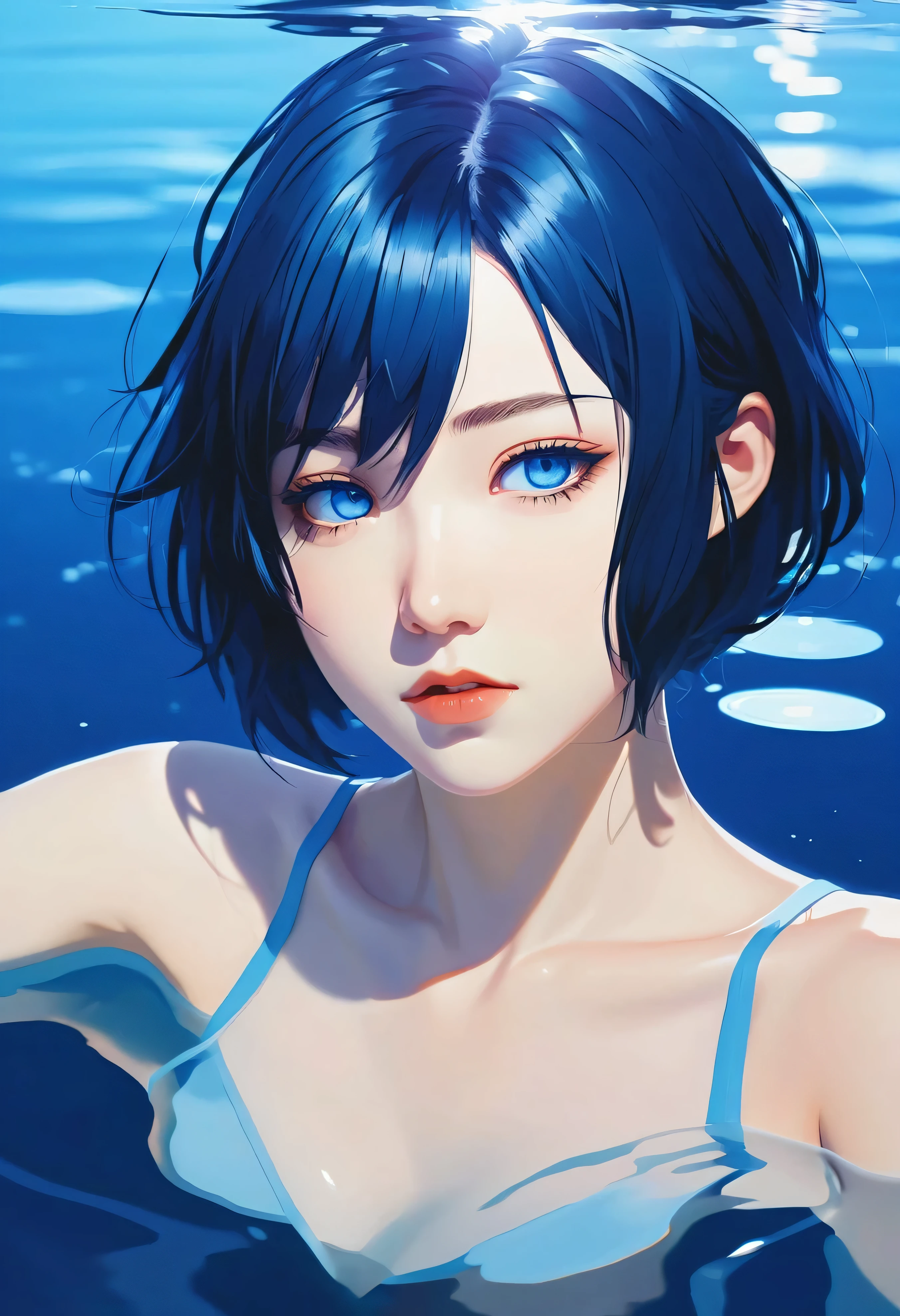 "anime-style portrait, Nagi Aoe, Shounen no Abyss, short trimmed blue hair, hime cut hairstyle, deep blue eyes, dramatic drowning pose, pure black background with subtle underwater light effects, water reflections, complementary blue highlights, calm yet distant expression, Ilya Kuvshinov style, soft linework, gentle and precise shading, subtle rim lighting, shin hanga influence, trending on Pixiv, ethereal blue aura, mysterious and somber atmosphere"