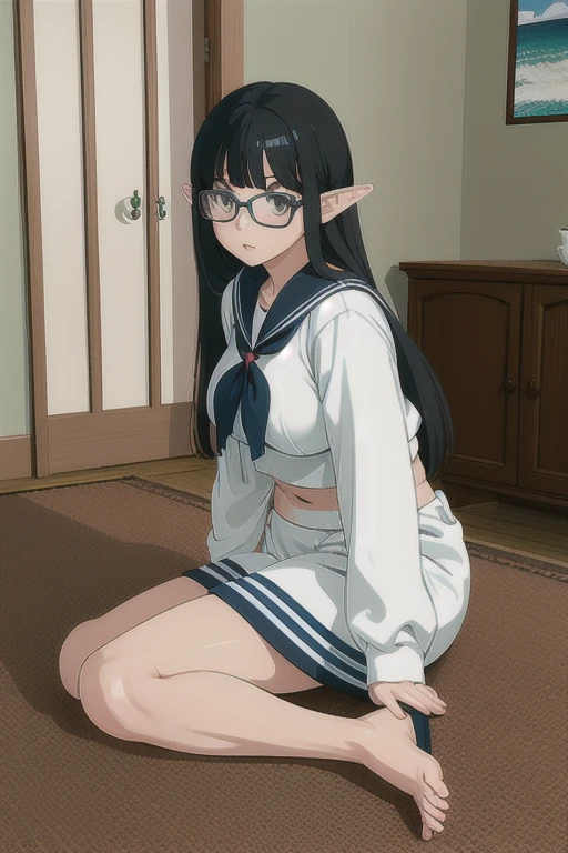 best quality, masterpiece, highres, solo, {toba_minami_yurucamp:1.15}, long_hair, bangs, closed_eyes, glasses, thick_eyebrows, black_hair, brown_hair, smile, sweatdrop, masterpiece, expensive quality, very_expensive_solve, big_file size, full color,(completely nude:1.2),pussy,niplles,(Loli kid),